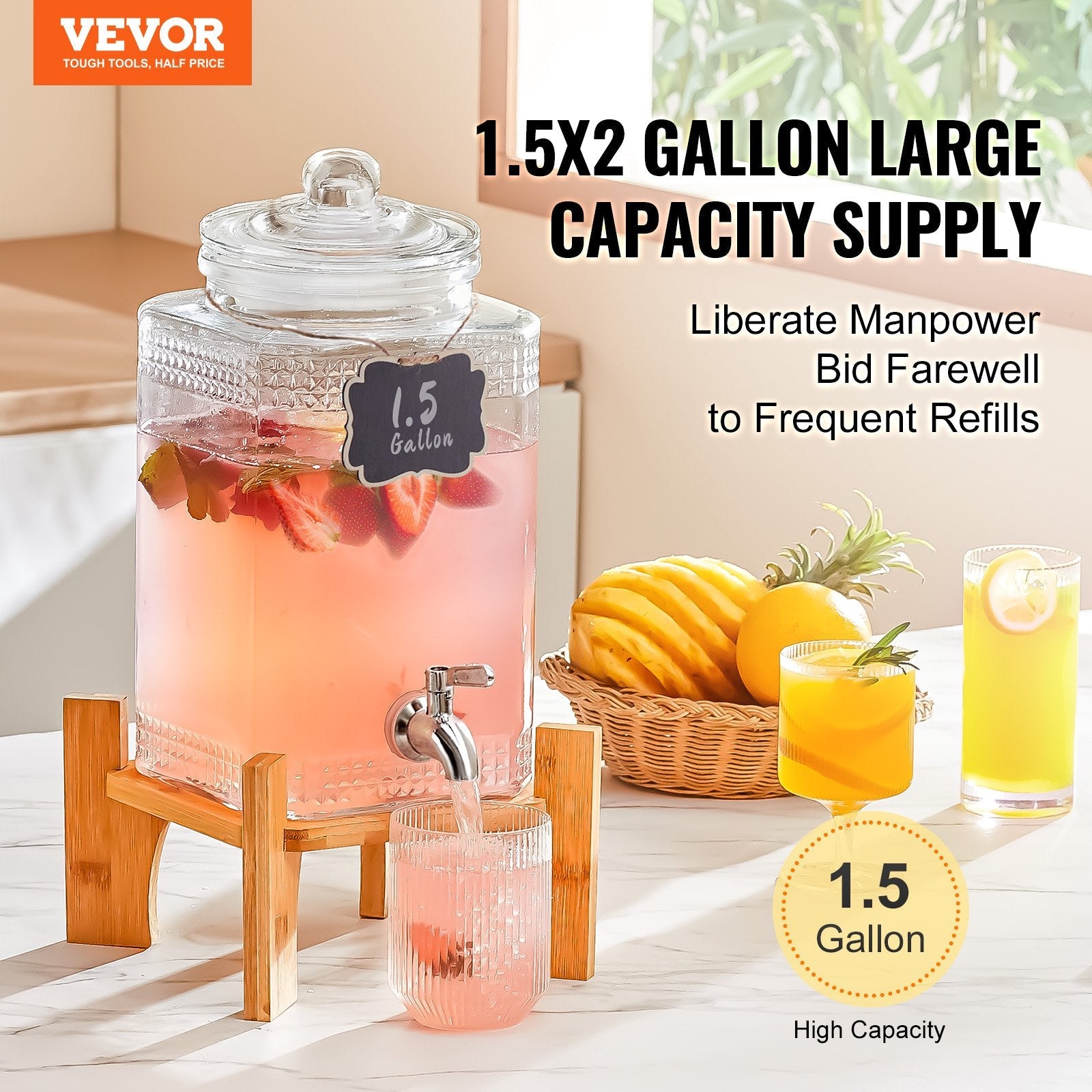 VEVOR Beverage Dispenser, 1.5 Gallon Drink Dispensers for Parties, Glass Juice Dispenser with Stand, Stainless Steel Spigot, Iced Tea Lemonade Juice Water Dispenser, for Restaurants, Hotels, Parties 