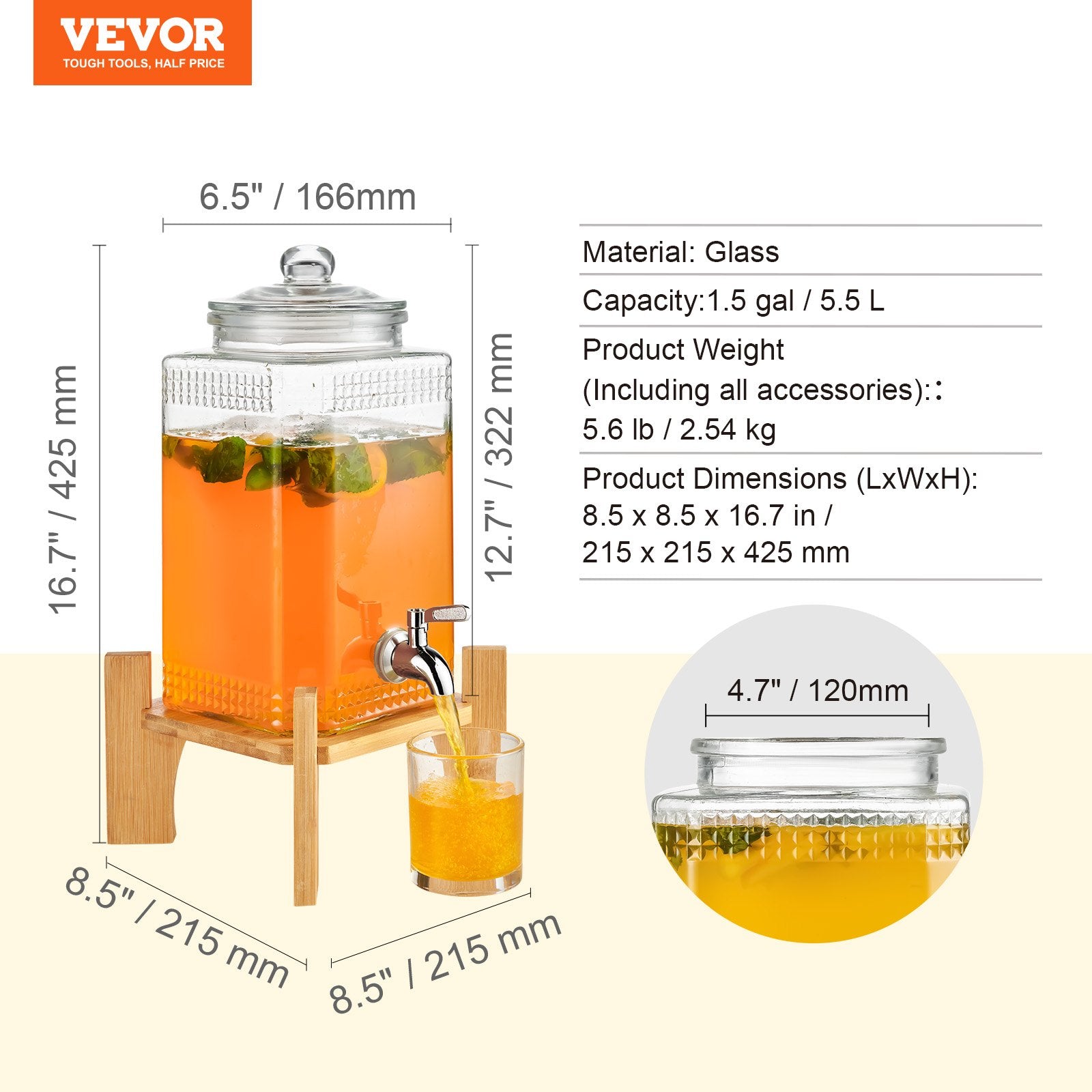 VEVOR Beverage Dispenser, 1.5 Gallon Drink Dispensers for Parties, Glass Juice Dispenser with Stand, Stainless Steel Spigot, Iced Tea Lemonade Juice Water Dispenser, for Restaurants, Hotels, Parties 
