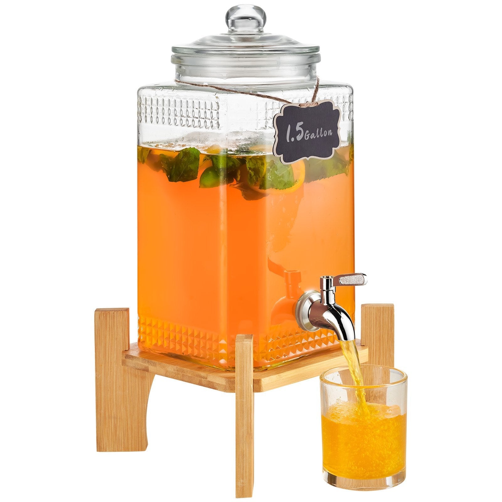 VEVOR Beverage Dispenser, 1.5 Gallon Drink Dispensers for Parties, Glass Juice Dispenser with Stand, Stainless Steel Spigot, Iced Tea Lemonade Juice Water Dispenser, for Restaurants, Hotels, Parties 