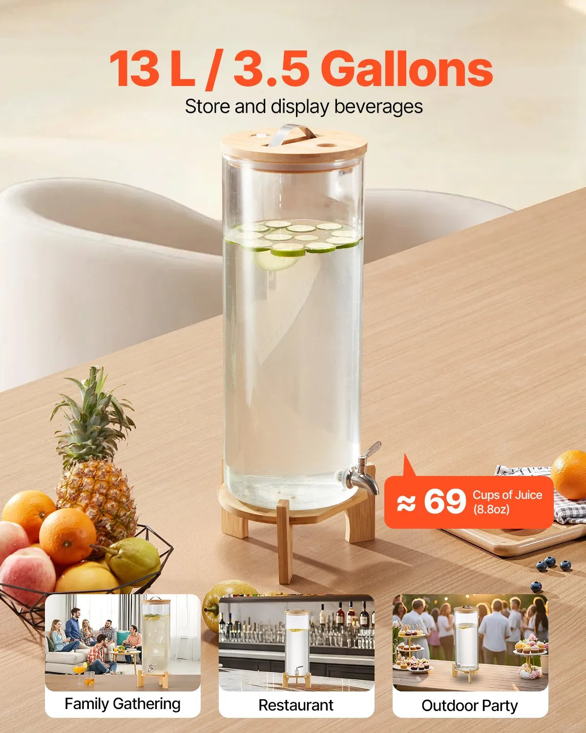 VEVOR Beverage Dispenser, 3.5 Gallon Drink Dispensers for Parties, Glass Juice Dispenser with Wood Stand, Stainless Steel Spigot, Iced Tea Lemonade Juice Water Dispensers for Parties 