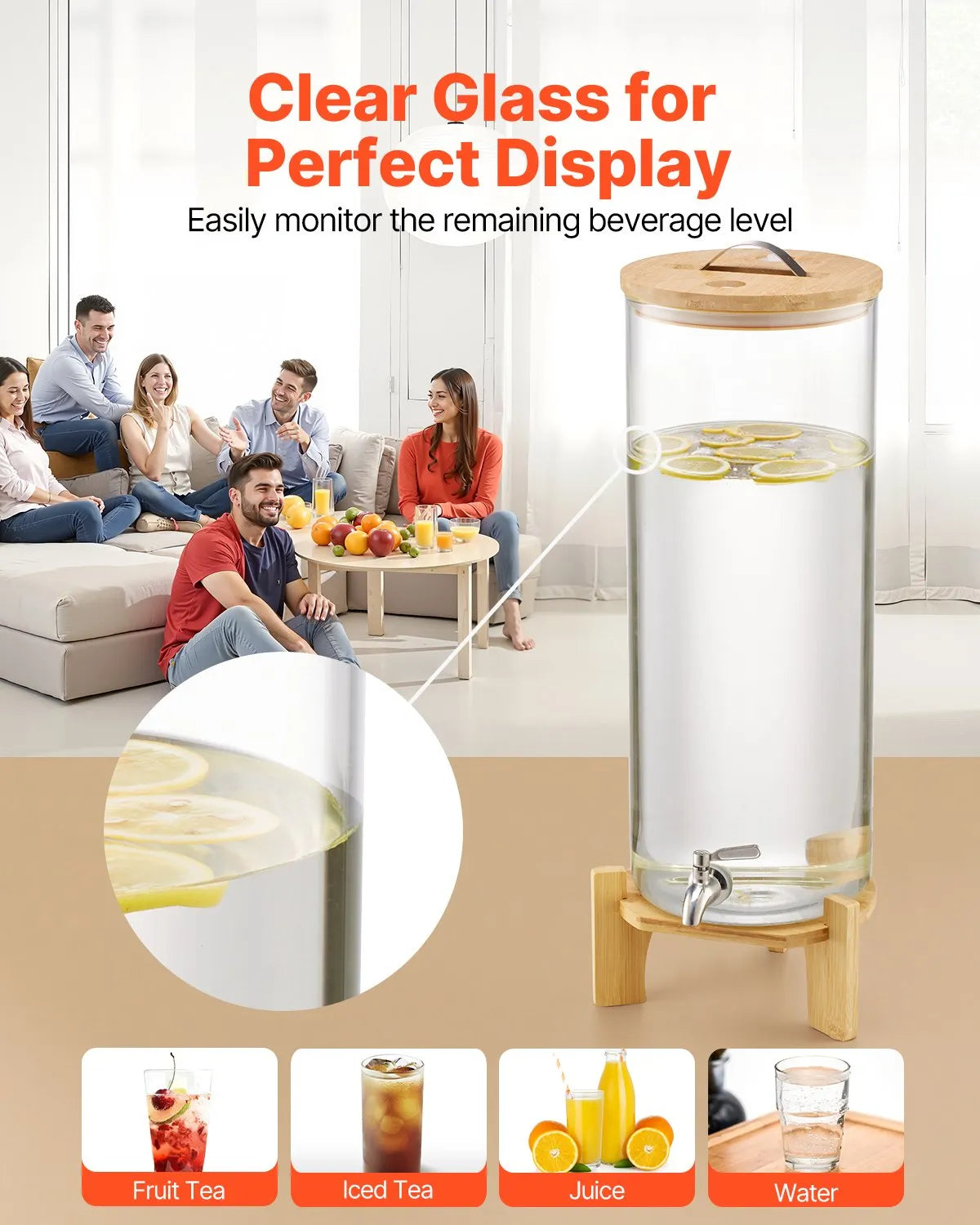 VEVOR Beverage Dispenser, 3.5 Gallon Drink Dispensers for Parties, Glass Juice Dispenser with Wood Stand, Stainless Steel Spigot, Iced Tea Lemonade Juice Water Dispensers for Parties 
