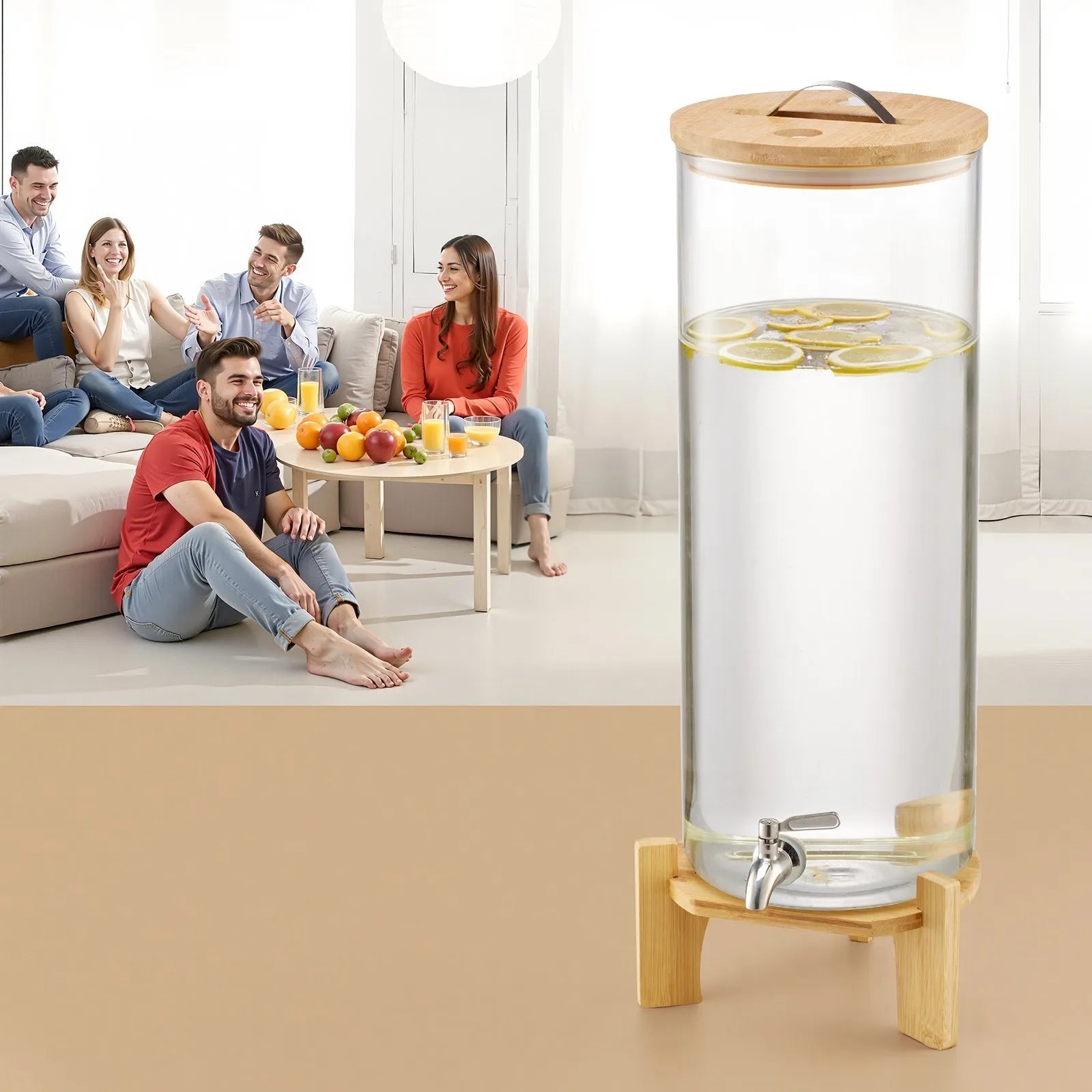 VEVOR Beverage Dispenser, 3.5 Gallon Drink Dispensers for Parties, Glass Juice Dispenser with Wood Stand, Stainless Steel Spigot, Iced Tea Lemonade Juice Water Dispensers for Parties 