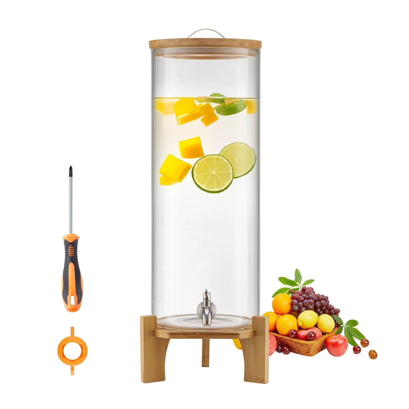 VEVOR Beverage Dispenser, 3.5 Gallon Drink Dispensers for Parties, Glass Juice Dispenser with Wood Stand, Stainless Steel Spigot, Iced Tea Lemonade Juice Water Dispensers for Parties 