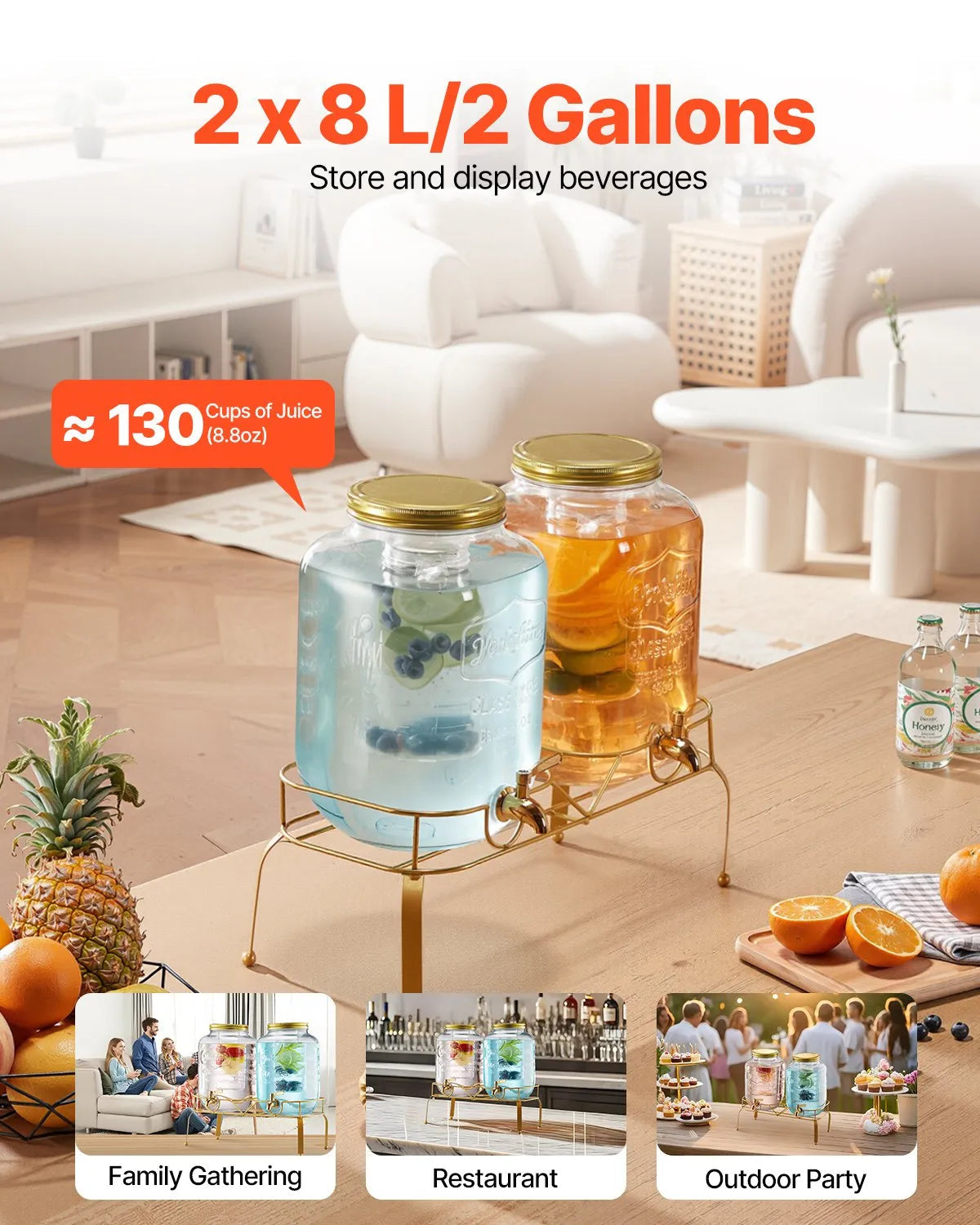 VEVOR Beverage Dispenser, 2 Pack 2 Gallon Drink Dispensers for Parties, Glass Juice Dispenser with Metal Stand, Stainless Steel Spigot, Infuser, Iced Tea Lemonade Juice Water Dispensers for Parties 