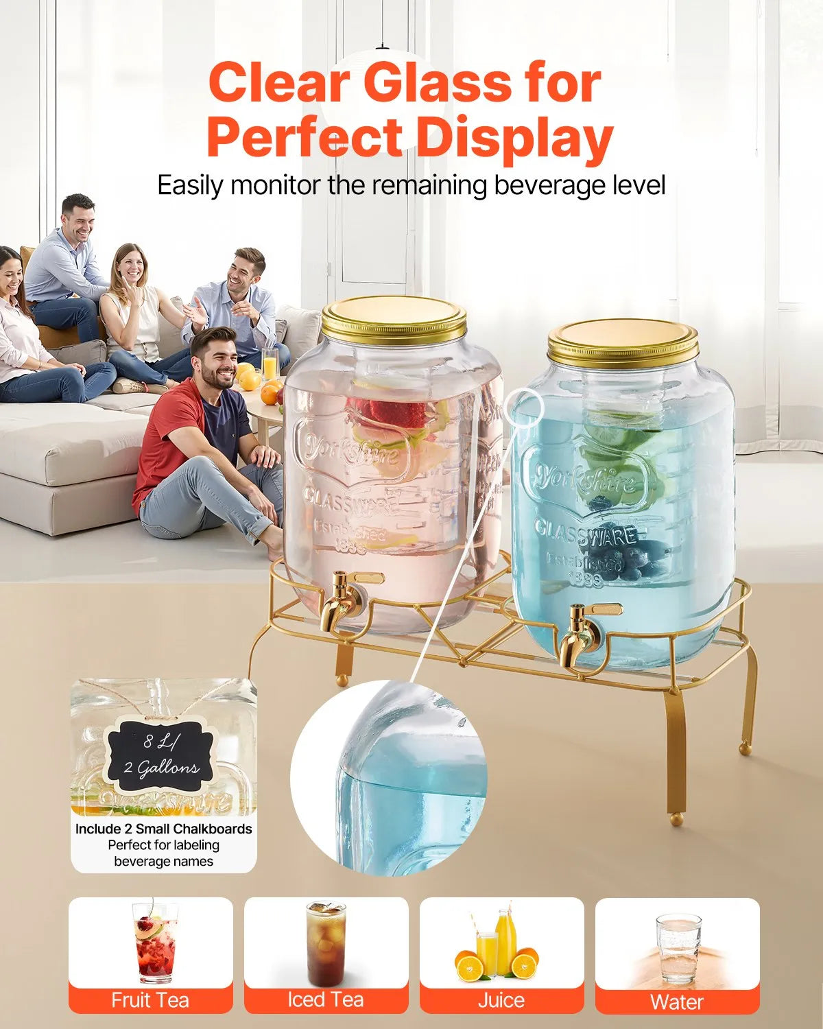 VEVOR Beverage Dispenser, 2 Pack 2 Gallon Drink Dispensers for Parties, Glass Juice Dispenser with Metal Stand, Stainless Steel Spigot, Infuser, Iced Tea Lemonade Juice Water Dispensers for Parties 
