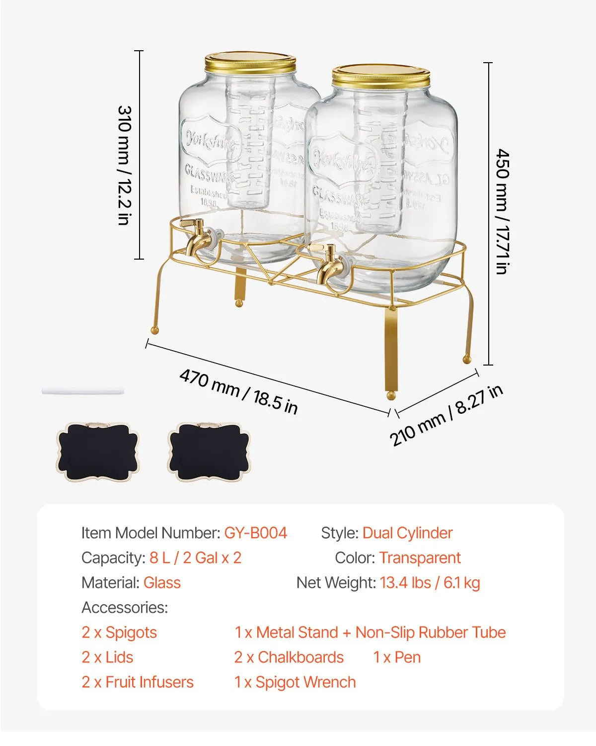 VEVOR Beverage Dispenser, 2 Pack 2 Gallon Drink Dispensers for Parties, Glass Juice Dispenser with Metal Stand, Stainless Steel Spigot, Infuser, Iced Tea Lemonade Juice Water Dispensers for Parties 