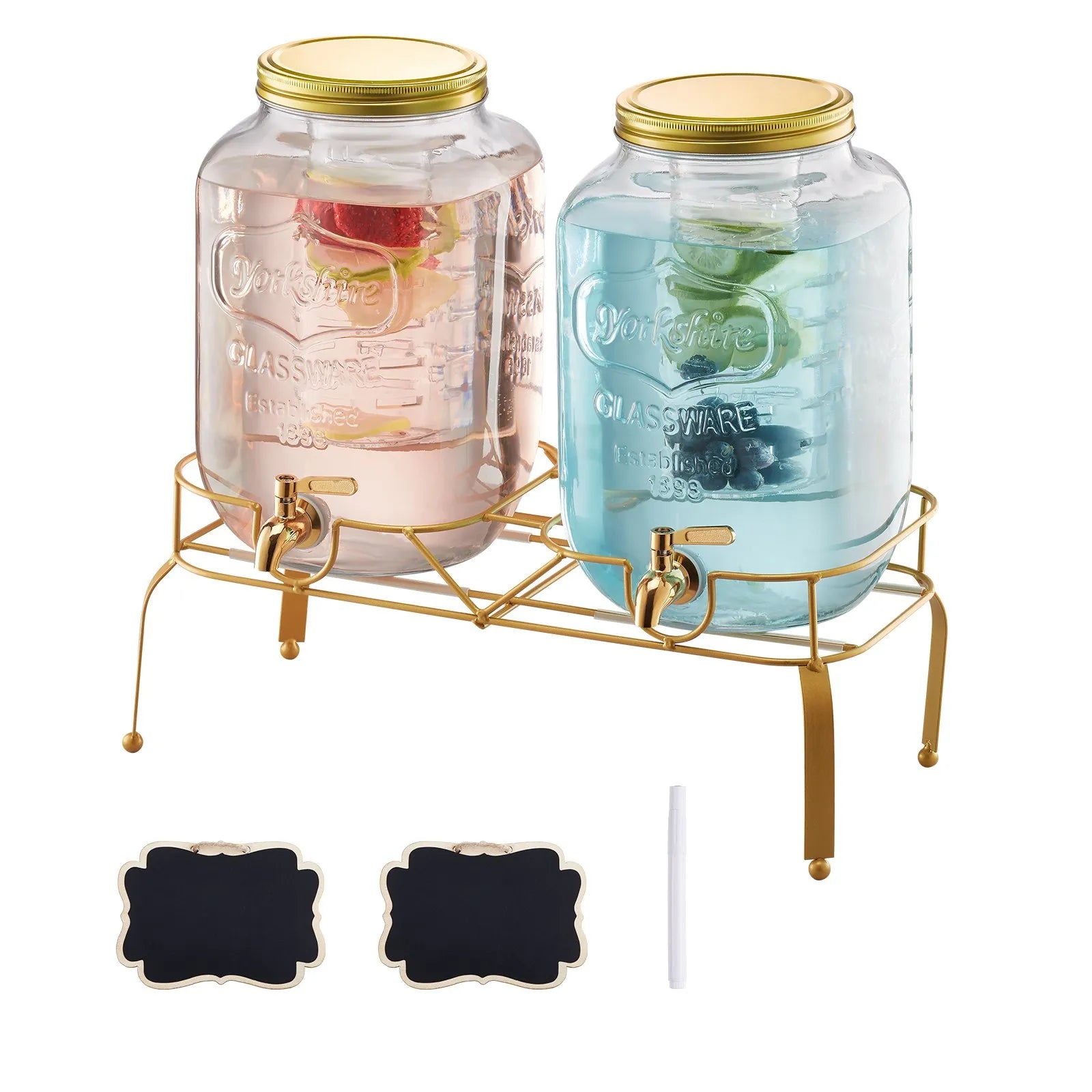 VEVOR Beverage Dispenser, 2 Pack 2 Gallon Drink Dispensers for Parties, Glass Juice Dispenser with Metal Stand, Stainless Steel Spigot, Infuser, Iced Tea Lemonade Juice Water Dispensers for Parties 
