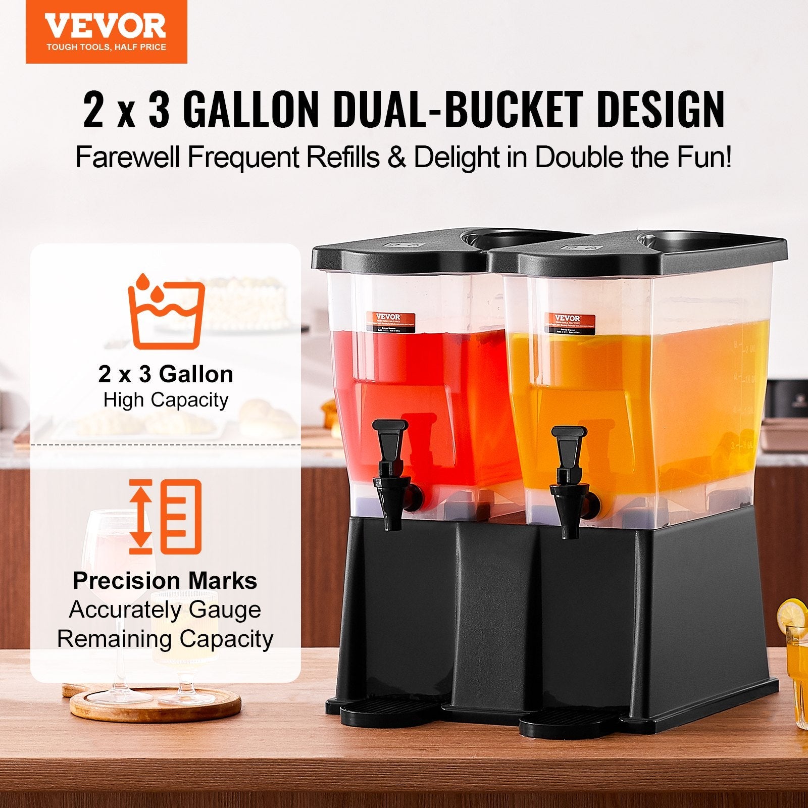 VEVOR Beverage Dispenser, 3 Gallon x 2 Drink Dispensers for Parties, Plastic Juice Dispenser with Stand Spigot Lid, Iced Tea Lemonade Juice Water Dispenser, for Restaurants, Hotels, Parties 