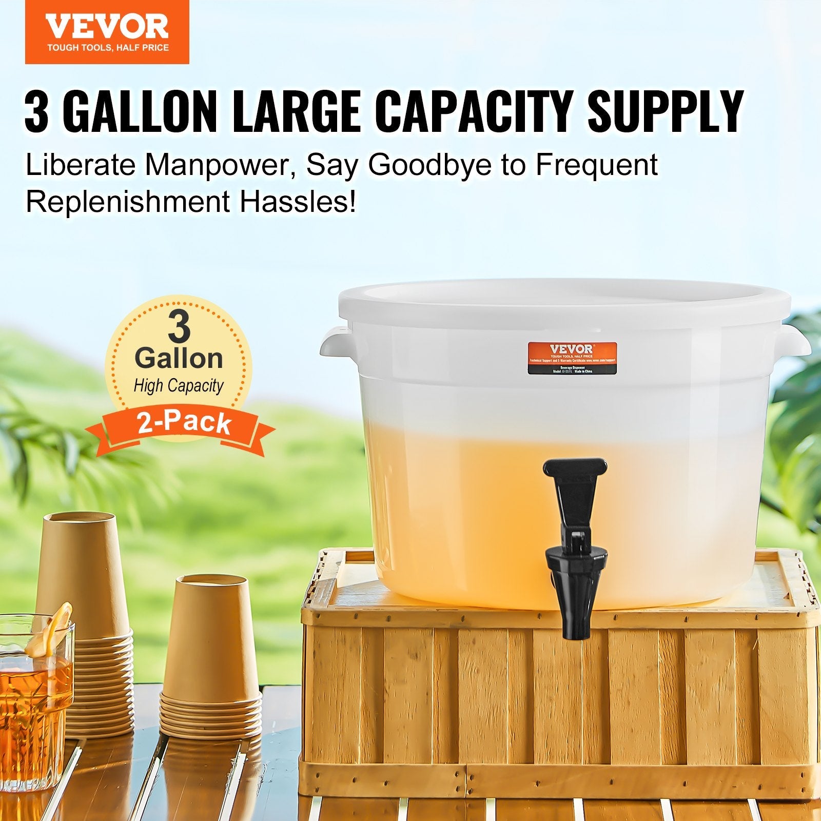 VEVOR Beverage Dispenser, 3 Gallon Drink Dispensers for Parties, Plastic Juice Dispenser with Spigot and Lid, Iced Tea Lemonade Juice Water Dispenser, for Restaurants, Hotels, Parties, 2 Pack 