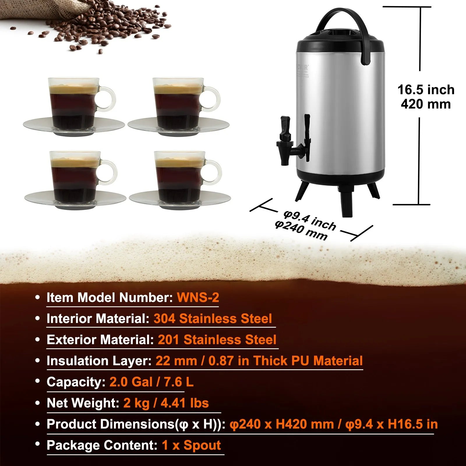 VEVOR Stainless Steel Insulated Beverage Dispenser, 2 Gallon 7.6 Liter, Thermal Hot and Cold Drink Server Dispenser with Spigot Handle, Food-grade for Hot Tea Coffee Water Restaurant Drink Shop