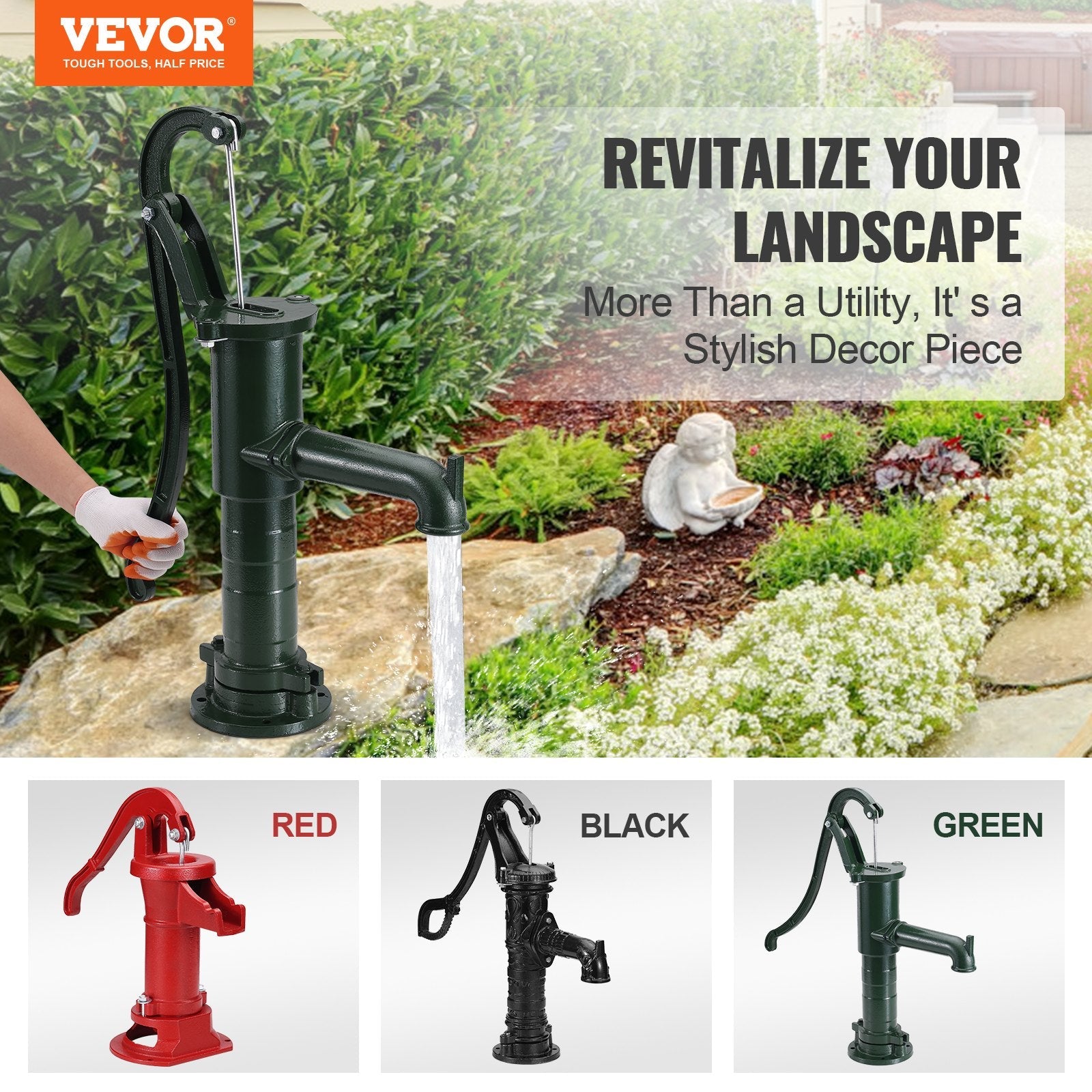 VEVOR Antique Well Hand Pitcher Pump, 22 ft Maximum Lift, Cast Iron Manual Hand Water Pump with Ergonomic Handle G1-5/8" Easy Installation, Old Fashioned for Outdoor Home Yard Garden Pond Farm, Green 
