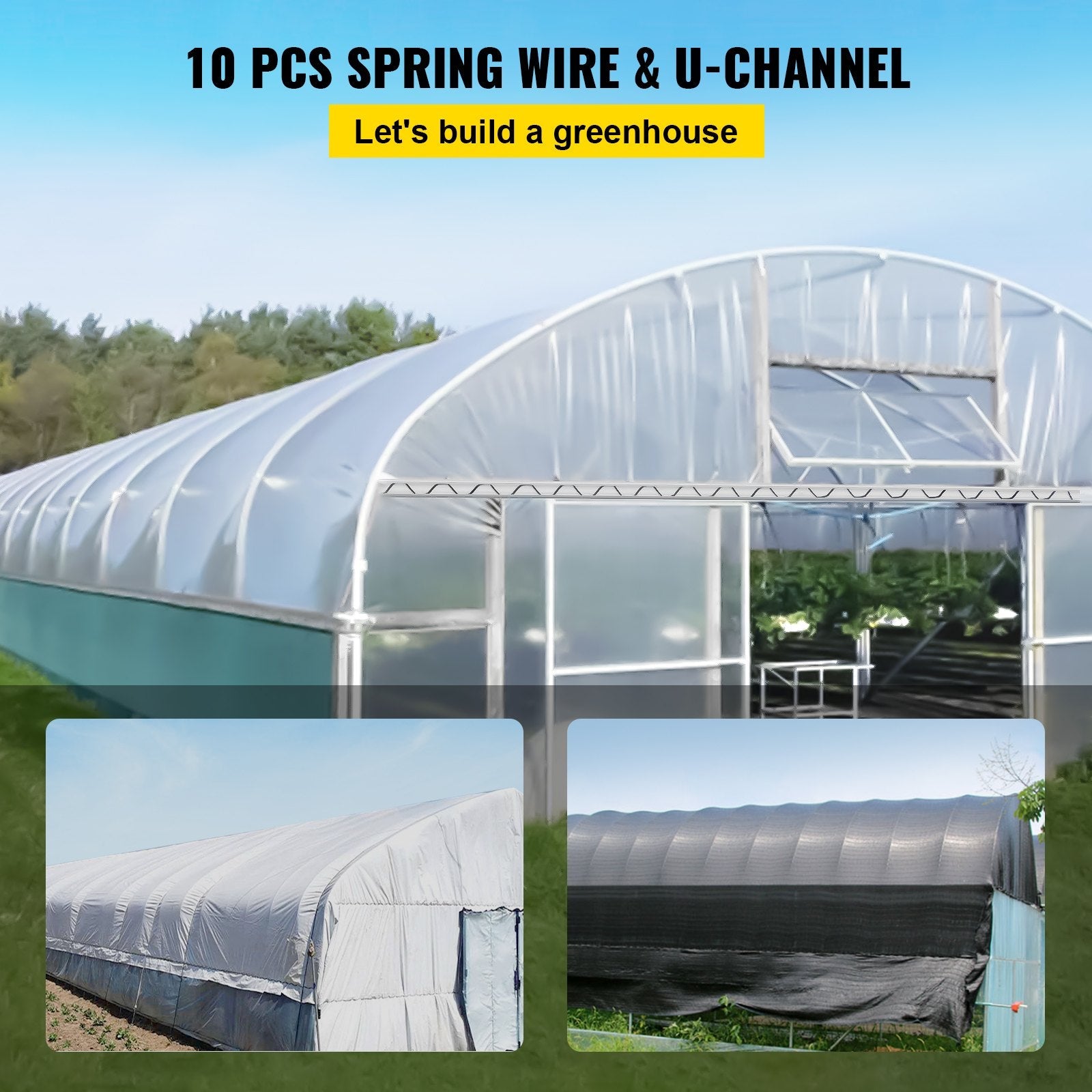 VEVOR Wire and Lock Channel, 6.56ft Spring Lock & U-Channel Bundle for Greenhouse, 10 Packs PE Coated Spring Wire & Aluminum Alloy Channel, Plastic Poly Film or Shade Cloth Attachment w/Screws 
