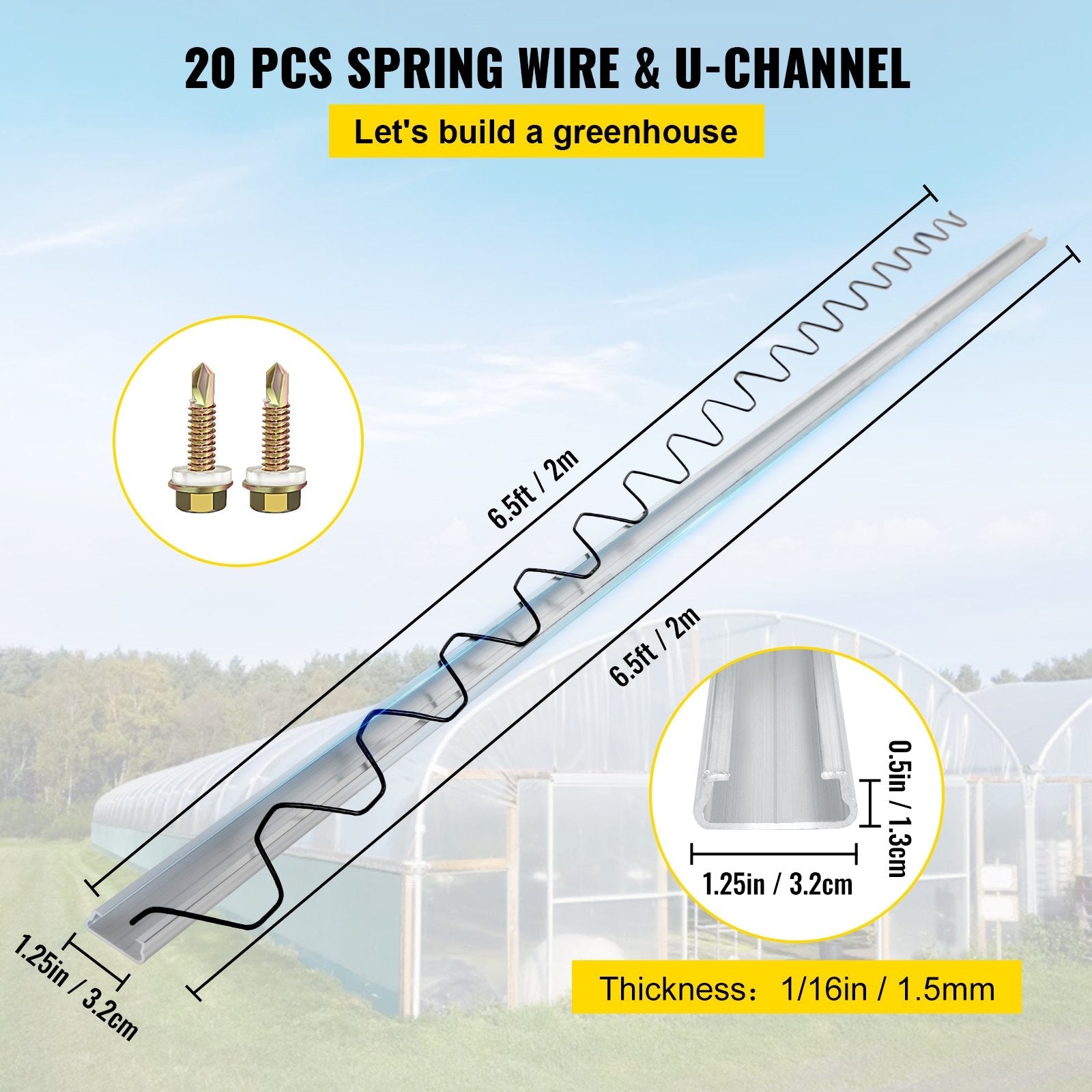 VEVOR Spring Wire and Lock Channel,6.56ft Spring Lock & U-Channel Bundle for Greenhouse, 20 Packs PE Coated Spring Wire & Aluminum Alloy Channel, Plastic Poly Film or Shade Cloth Attachment w/Screws 