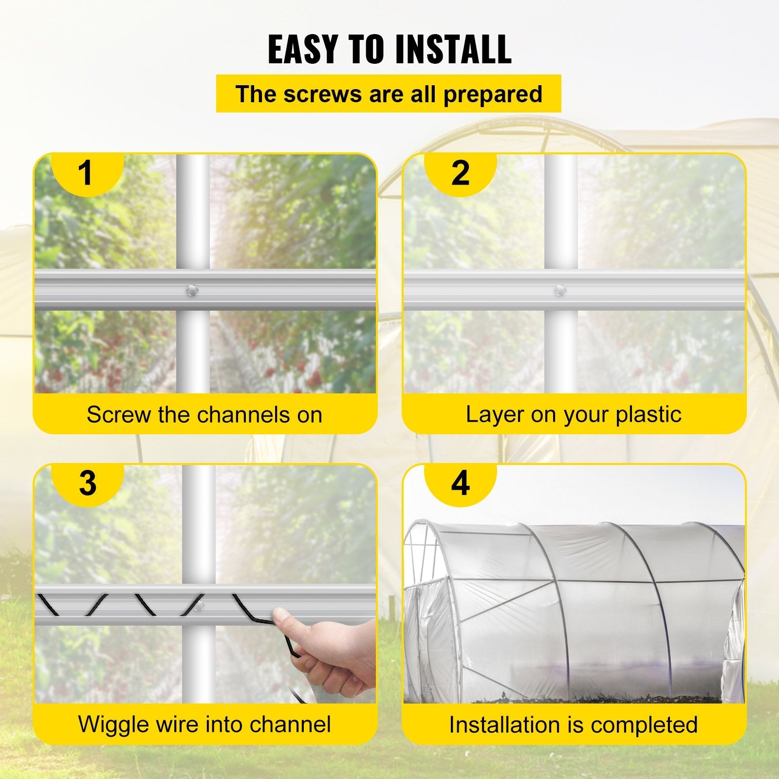 VEVOR Spring Wire and Lock Channel, 6.56ft Spring Lock & U-Channel Bundle for Greenhouse, 30 Packs PE Coated Spring Wire & Aluminum Alloy Channel, Plastic Poly Film or Shade Cloth Attachment with Scre 
