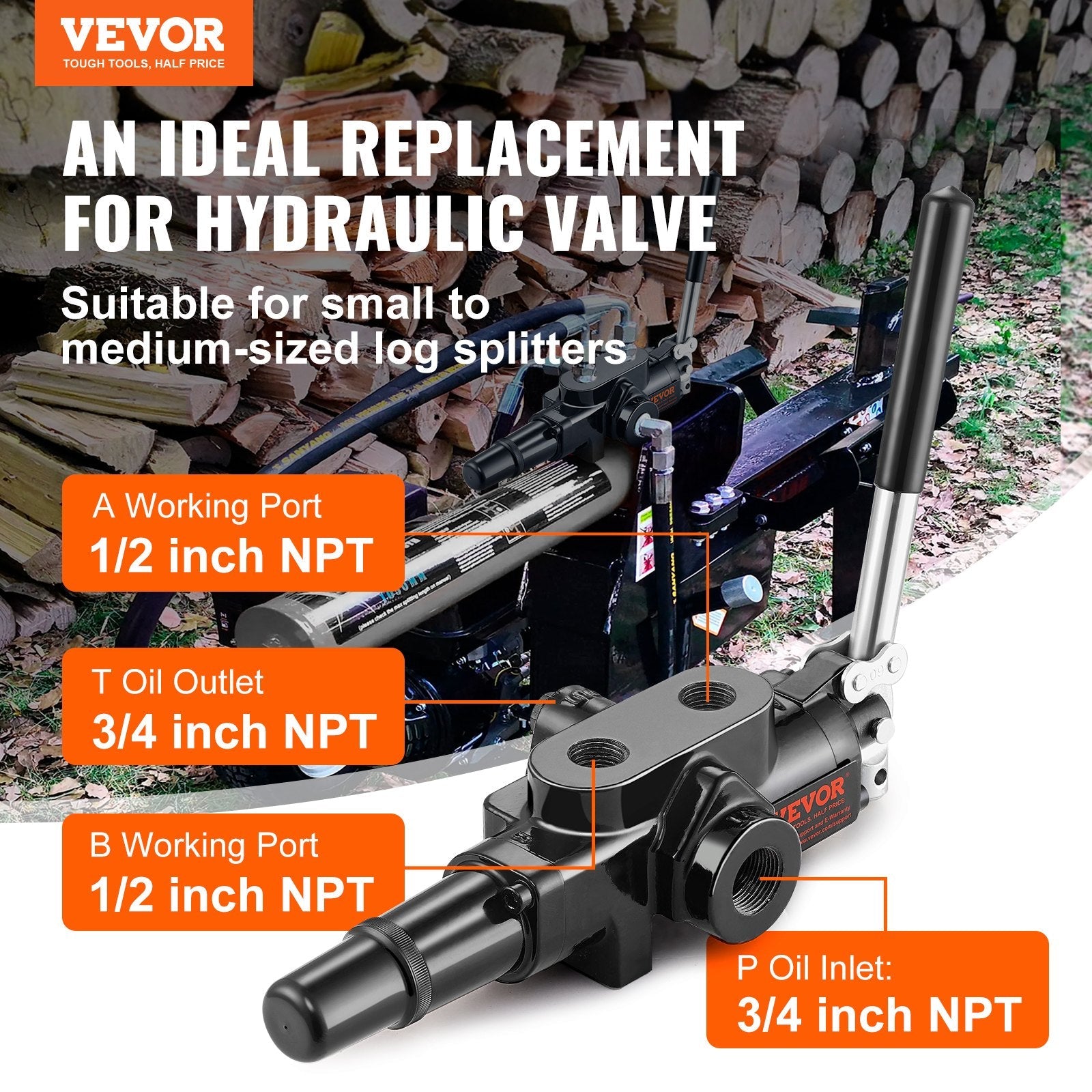 VEVOR Hydraulic Log Splitter Valve 1 Spool, 25 GPM Hydraulic Directional Control Valve, 3626PSI Hydraulic Loader Valve, Hydraulic Joystick Control Valve for Small Tractors, Loaders, Log Splitter 