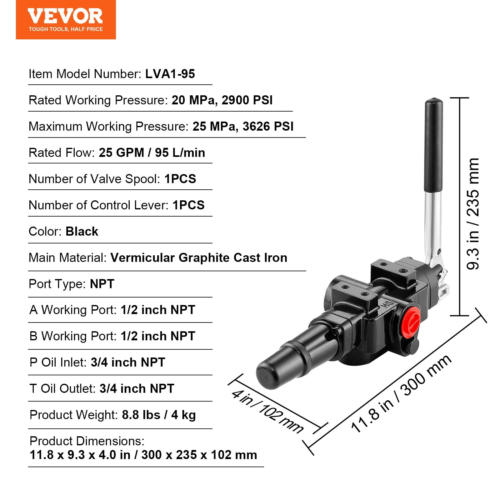 VEVOR Hydraulic Log Splitter Valve 1 Spool, 25 GPM Hydraulic Directional Control Valve, 3626PSI Hydraulic Loader Valve, Hydraulic Joystick Control Valve for Small Tractors, Loaders, Log Splitter 