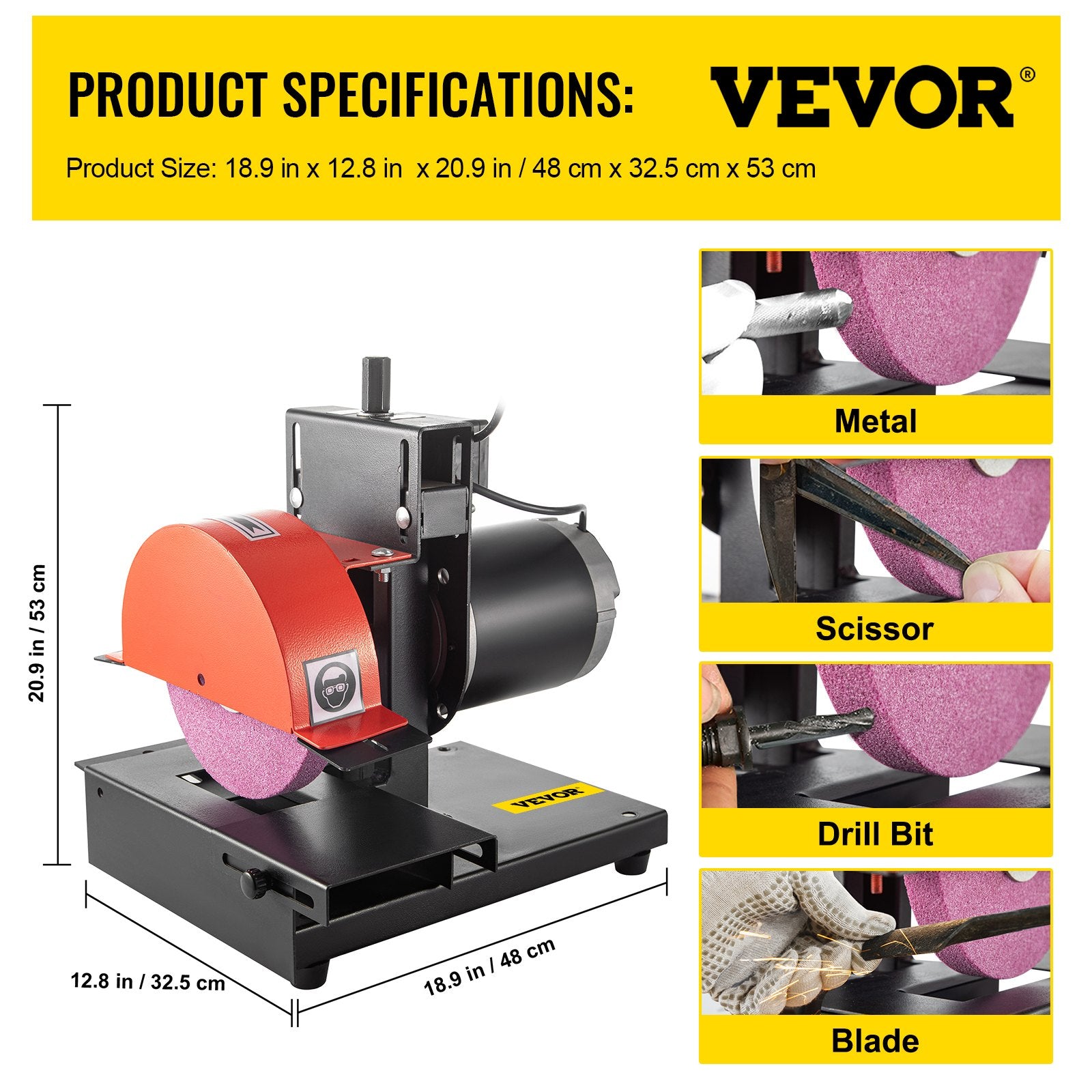 VEVOR Lawnmower Blade Grinder, 1/3 HP 1700 RPM Motor with 8\'\' Diameter 1 inch Thickness Wheel, 2.8 inch Adjustable Height Steel Sharper for Blades & Tool Grinding in Garden or Workshop 