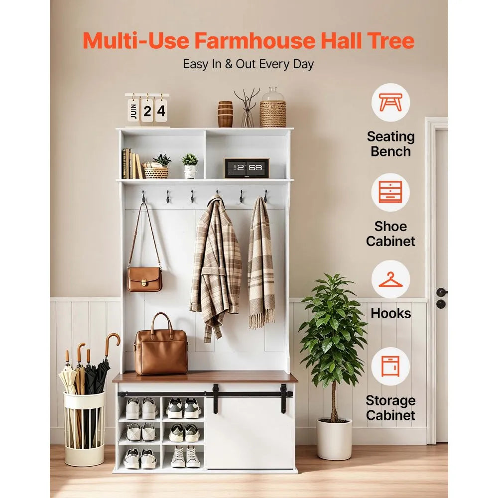 42" White Hall Tree with Bench, Shoe Storage Cabinet, Adjustable Shelves, Coat Rack & LED Light Strip