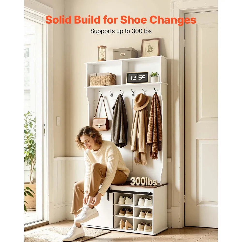 42" White Hall Tree with Bench, Shoe Storage Cabinet, Adjustable Shelves, Coat Rack & LED Light Strip
