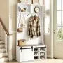 42" White Hall Tree with Bench, Shoe Storage Cabinet, Adjustable Shelves, Coat Rack & LED Light Strip
