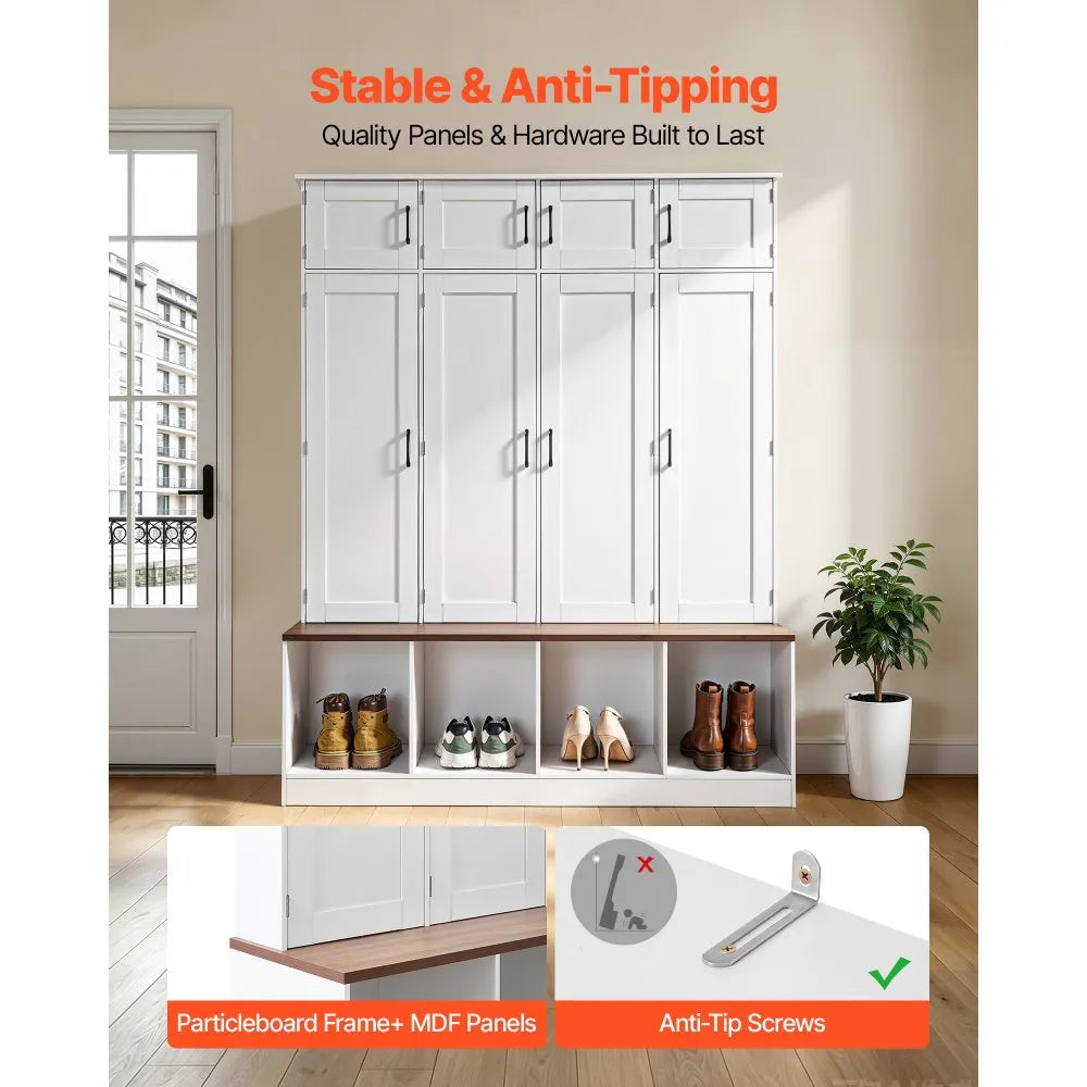 VEVOR 59" Hall Tree with Bench and Shoe Storage Cabinet, 4-in-1 Entryway Organizer with Coat Rack & Hooks, White