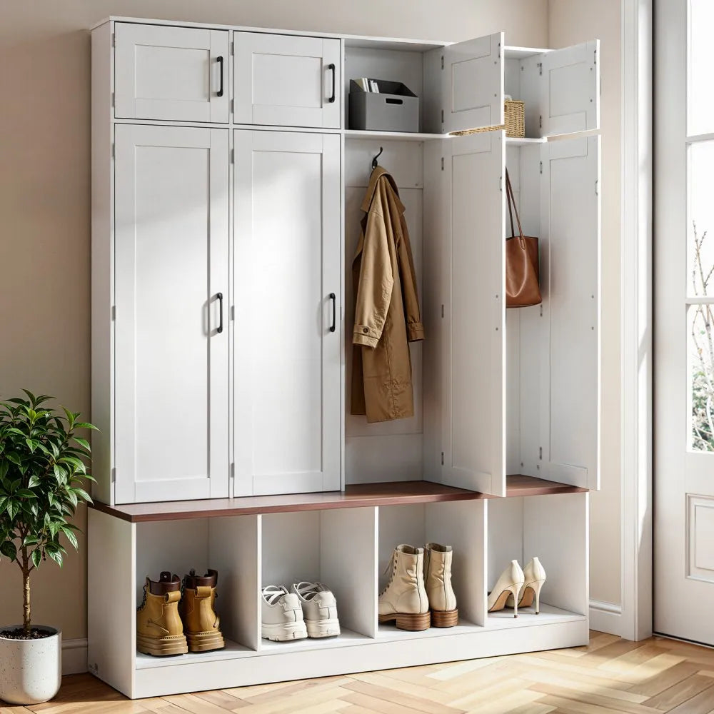 VEVOR 59" Hall Tree with Bench and Shoe Storage Cabinet, 4-in-1 Entryway Organizer with Coat Rack & Hooks, White