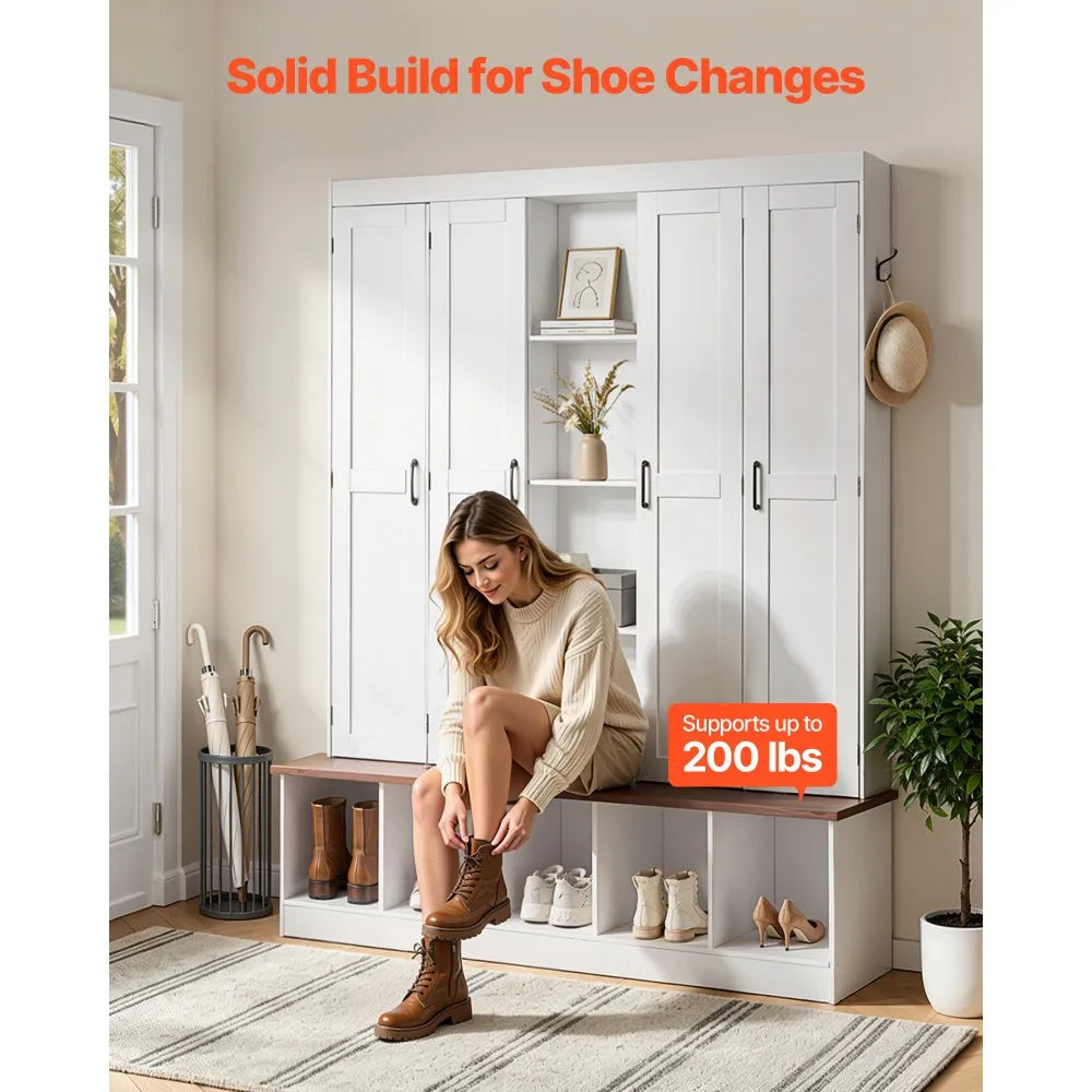 Hall Tree with Bench and Shoe Storage | 63" Wide 4-in-1 Entryway Hall Tree | White