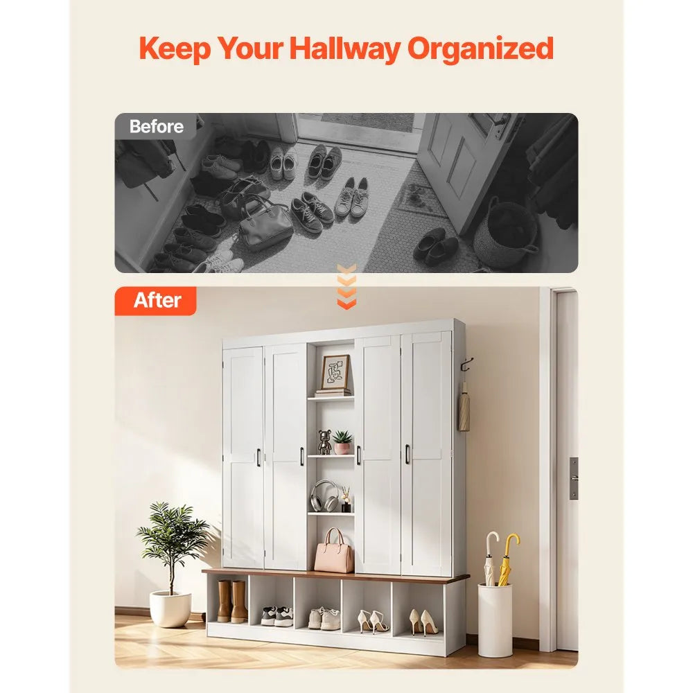Hall Tree with Bench and Shoe Storage | 63" Wide 4-in-1 Entryway Hall Tree | White