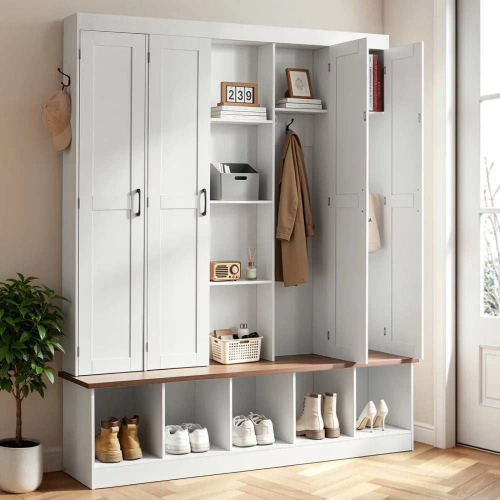 Hall Tree with Bench and Shoe Storage | 63" Wide 4-in-1 Entryway Hall Tree | White