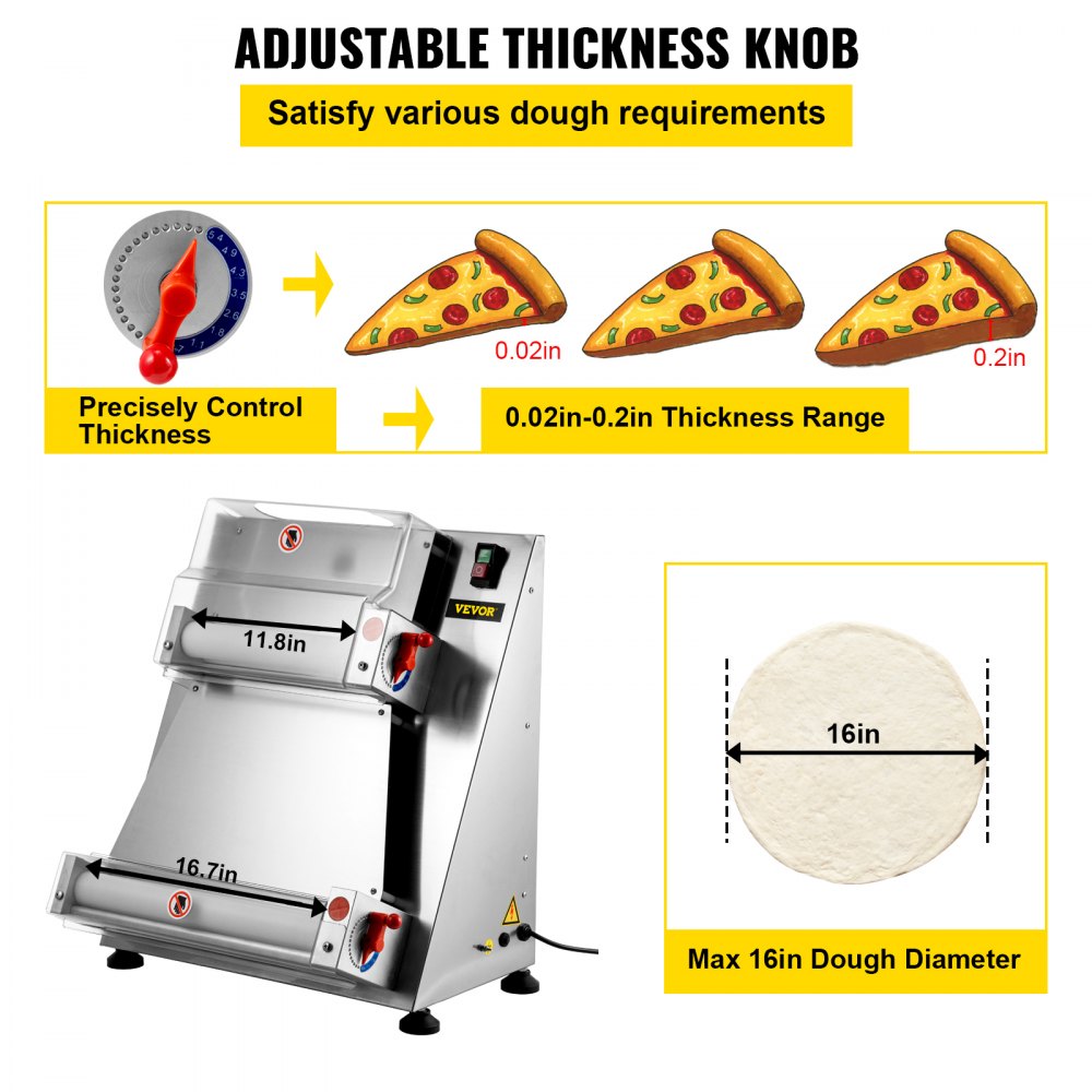 VEVOR Stainless Steel Electric Pizza Dough Roller, Max 16'' Pizza Dough Roller Sheeter, 370W Automatic Pizza Dough Roller, Suitable for Noodle Pizza Bread and Pasta Maker Equipment 