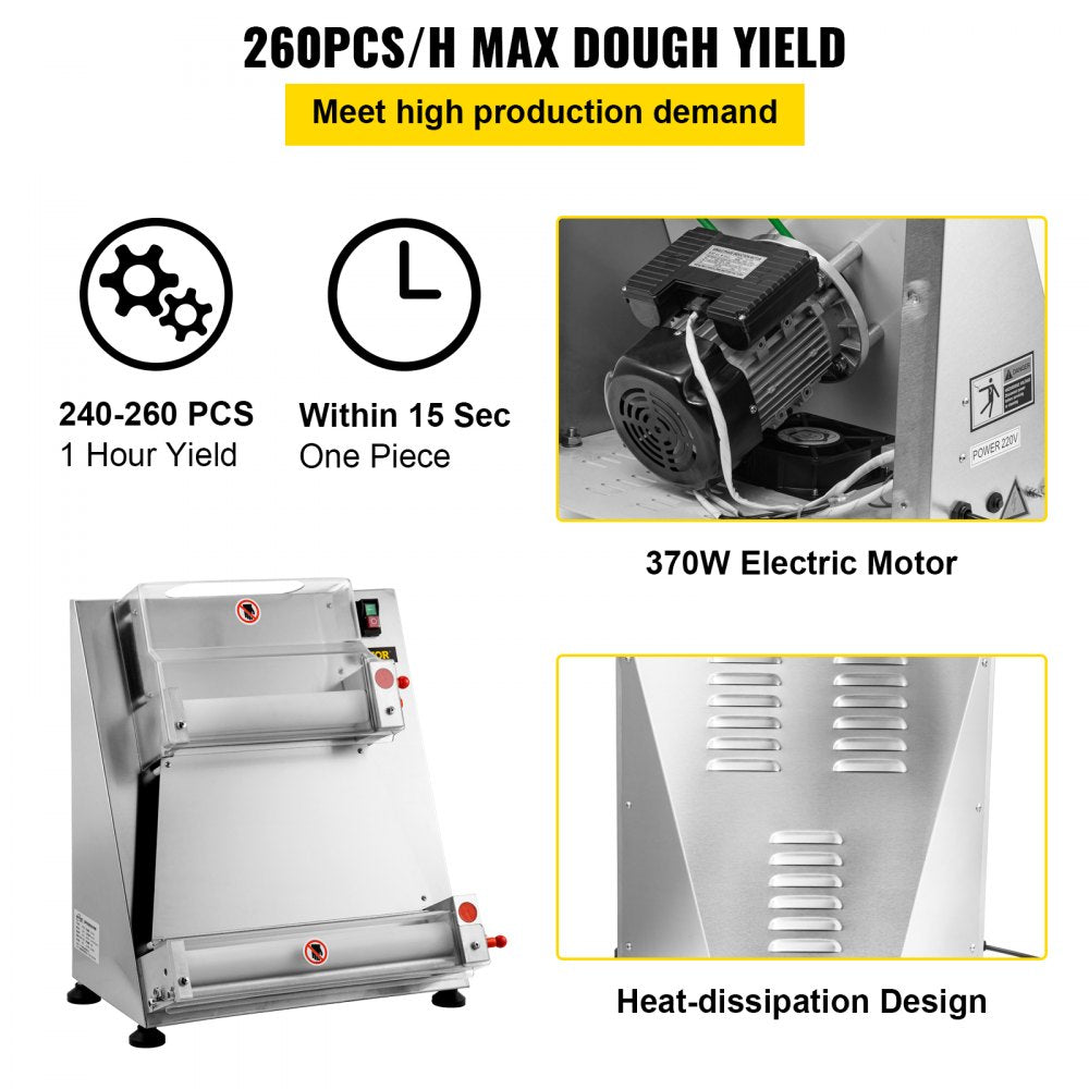 VEVOR Stainless Steel Electric Pizza Dough Roller, Max 16'' Pizza Dough Roller Sheeter, 370W Automatic Pizza Dough Roller, Suitable for Noodle Pizza Bread and Pasta Maker Equipment 