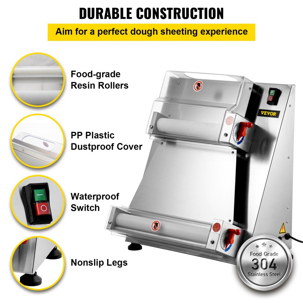 VEVOR Stainless Steel Electric Pizza Dough Roller, Max 16'' Pizza Dough Roller Sheeter, 370W Automatic Pizza Dough Roller, Suitable for Noodle Pizza Bread and Pasta Maker Equipment 
