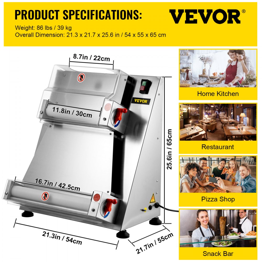 VEVOR Stainless Steel Electric Pizza Dough Roller, Max 16'' Pizza Dough Roller Sheeter, 370W Automatic Pizza Dough Roller, Suitable for Noodle Pizza Bread and Pasta Maker Equipment 