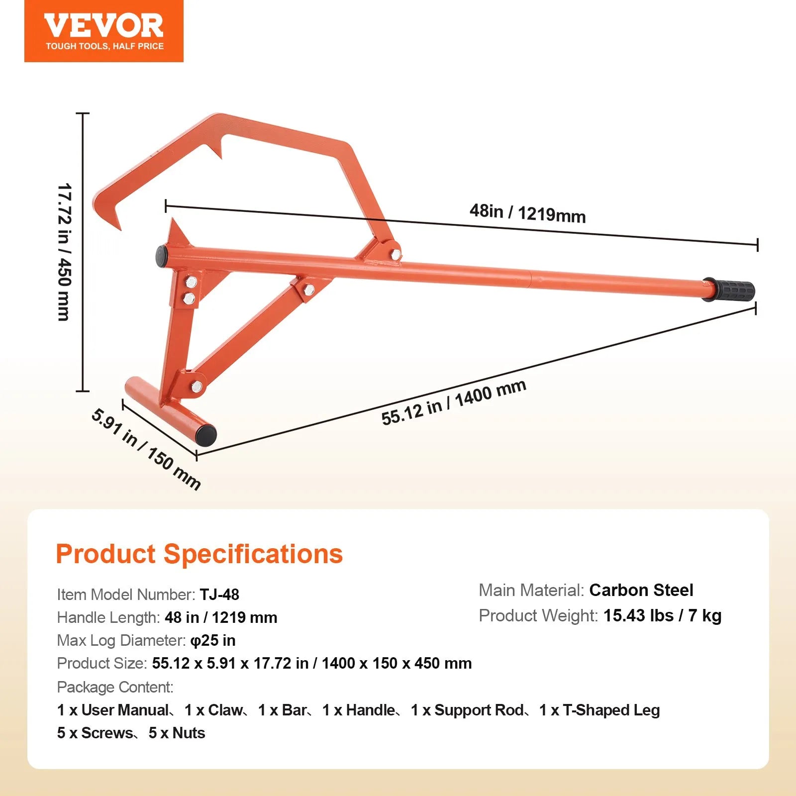 VEVOR Timberjack 46.5 in Heavy Duty Log Lifter for Max 25" Dia Logs Rolling