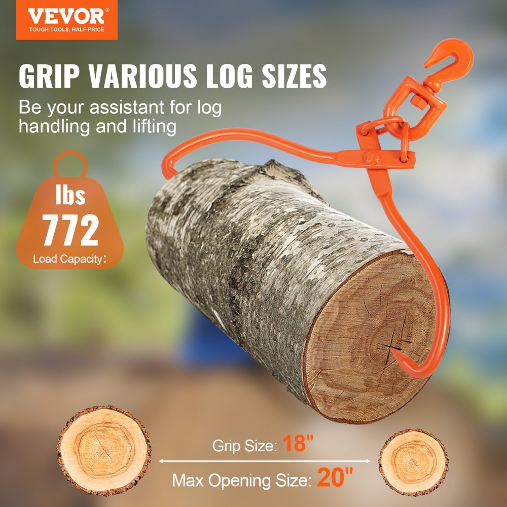 VEVOR Log Skidding Tongs, 18 inch 2 Claw Log Lifting Tongs, Heavy Duty Rotating Steel Lumber Skidding Tongs, 772 lbs/350 kg Loading Capacity, Log Lifting, Handling, Dragging & Carrying Tool 