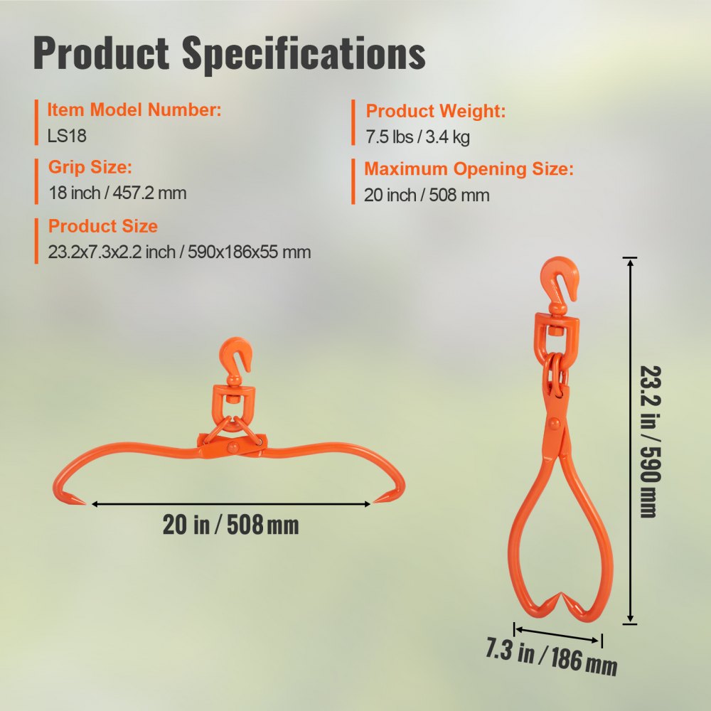 VEVOR Log Skidding Tongs, 18 inch 2 Claw Log Lifting Tongs, Heavy Duty Rotating Steel Lumber Skidding Tongs, 772 lbs/350 kg Loading Capacity, Log Lifting, Handling, Dragging & Carrying Tool 