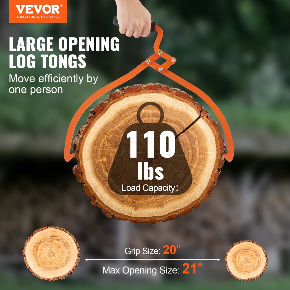 VEVOR Log Tongs, 20 inch 2 Claw Logging Skidding Tongs Non-Slip Grip, Steel Hand Log Grapple with 110 lbs Loading Capacity, Log Lifting, Handling, Dragging & Carrying Tool 