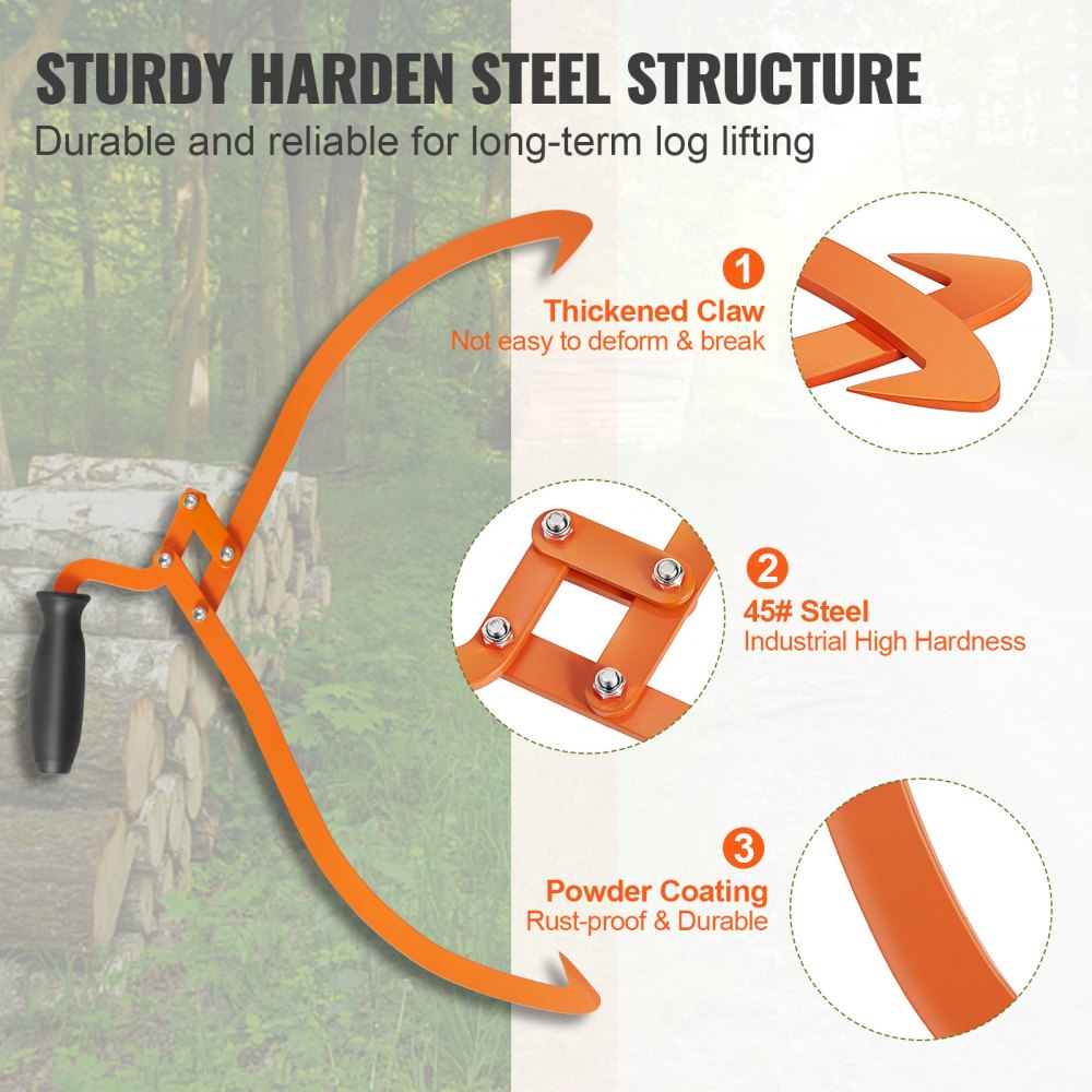 VEVOR Log Tongs, 20 inch 2 Claw Logging Skidding Tongs Non-Slip Grip, Steel Hand Log Grapple with 110 lbs Loading Capacity, Log Lifting, Handling, Dragging & Carrying Tool 