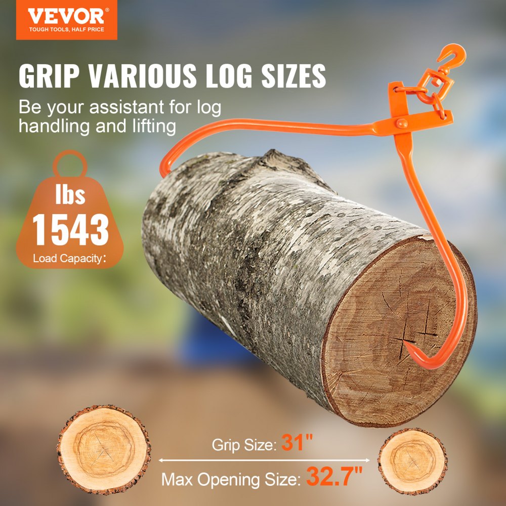 VEVOR Log Skidding Tongs, 32 inch 2 Claw Log Lifting Tongs, Heavy Duty Rotating Steel Lumber Skidding Tongs, 1543 lbs/700 kg Loading Capacity, Log Lifting, Handling, Dragging & Carrying Tool 