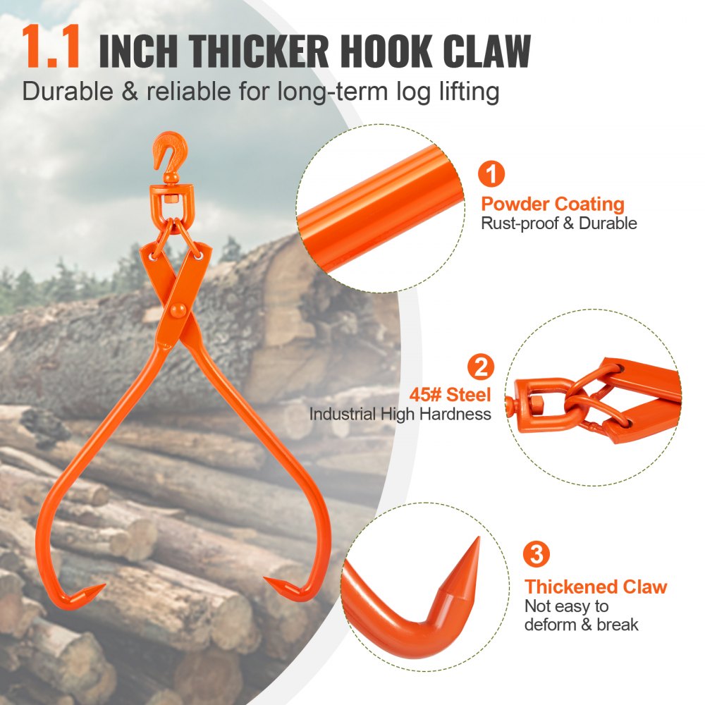 VEVOR Log Skidding Tongs, 32 inch 2 Claw Log Lifting Tongs, Heavy Duty Rotating Steel Lumber Skidding Tongs, 1543 lbs/700 kg Loading Capacity, Log Lifting, Handling, Dragging & Carrying Tool 