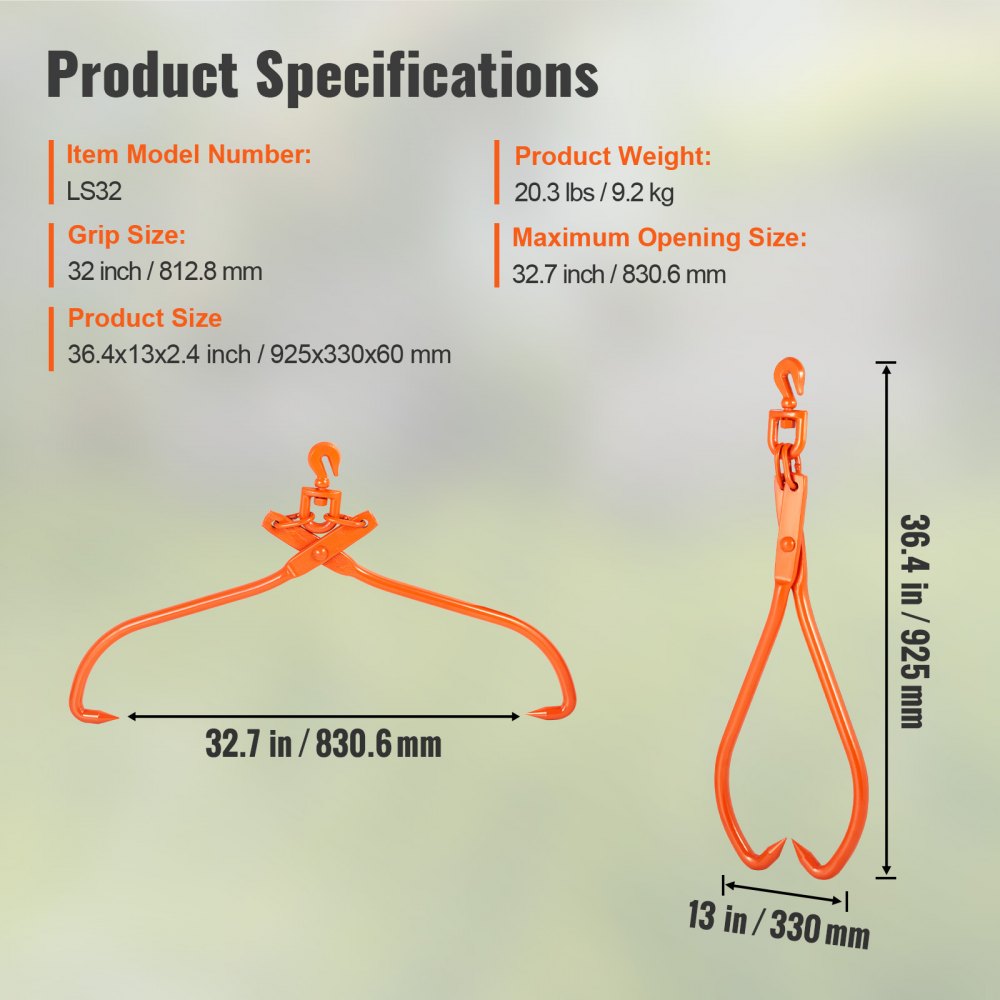 VEVOR Log Skidding Tongs, 32 inch 2 Claw Log Lifting Tongs, Heavy Duty Rotating Steel Lumber Skidding Tongs, 1543 lbs/700 kg Loading Capacity, Log Lifting, Handling, Dragging & Carrying Tool 