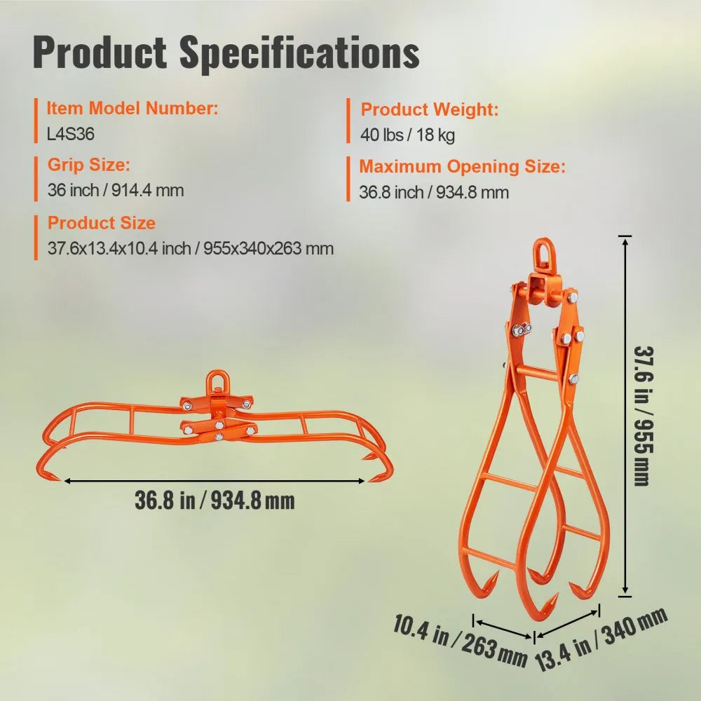 VEVOR Timber Claw Hook, 36 inch 4 Claw Log Grapple for Logging Tongs, Swivel Steel Log Lifting Tongs, Eagle Claws Design with 3307 lbs/1500 kg Loading Capacity for Tractors, ATVs, Trucks, Forklifts
