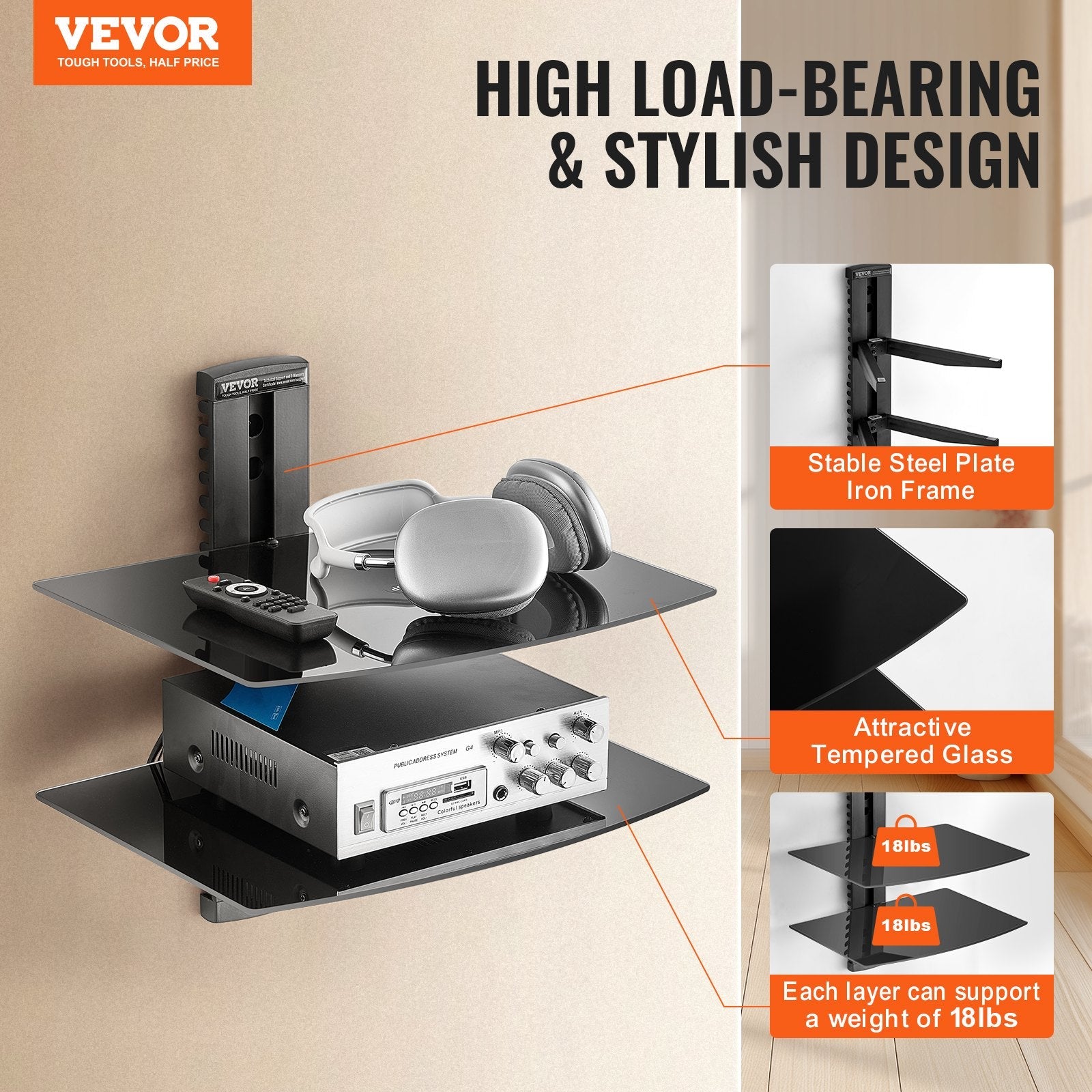 VEVOR 2 Tiers Wall Mounted AV Media Stand Adjustable Floating Projector Shelf 