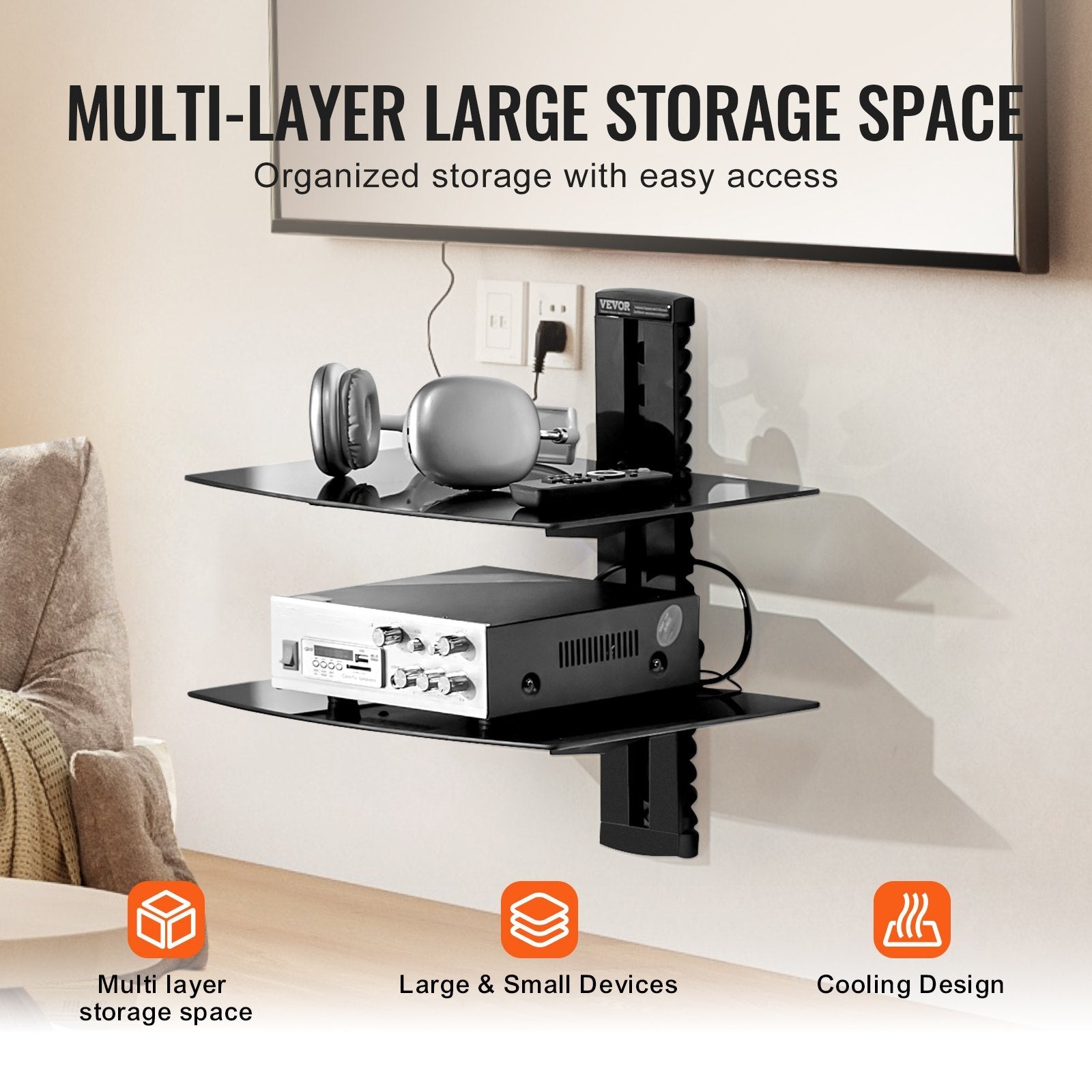 VEVOR 2 Tiers Wall Mounted AV Media Stand Adjustable Floating Projector Shelf 