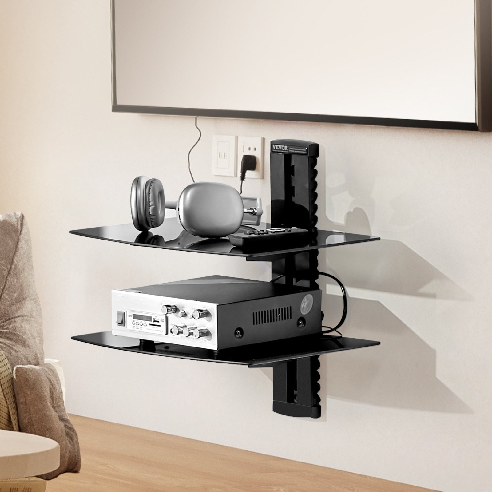 VEVOR 2 Tiers Wall Mounted AV Media Stand Adjustable Floating Projector Shelf 