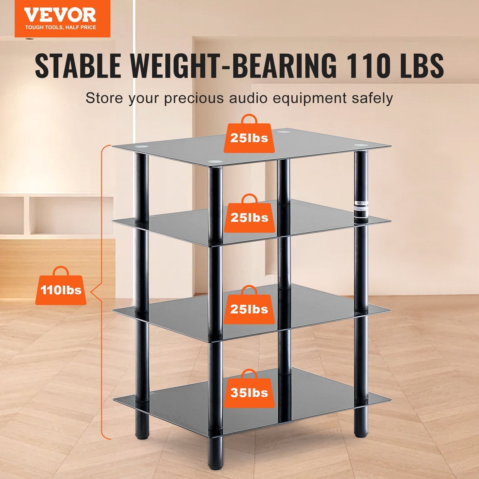 VEVOR 4-Tier AV Media Stand Strengthened Tempered Glass Audio-Video Media Stand 