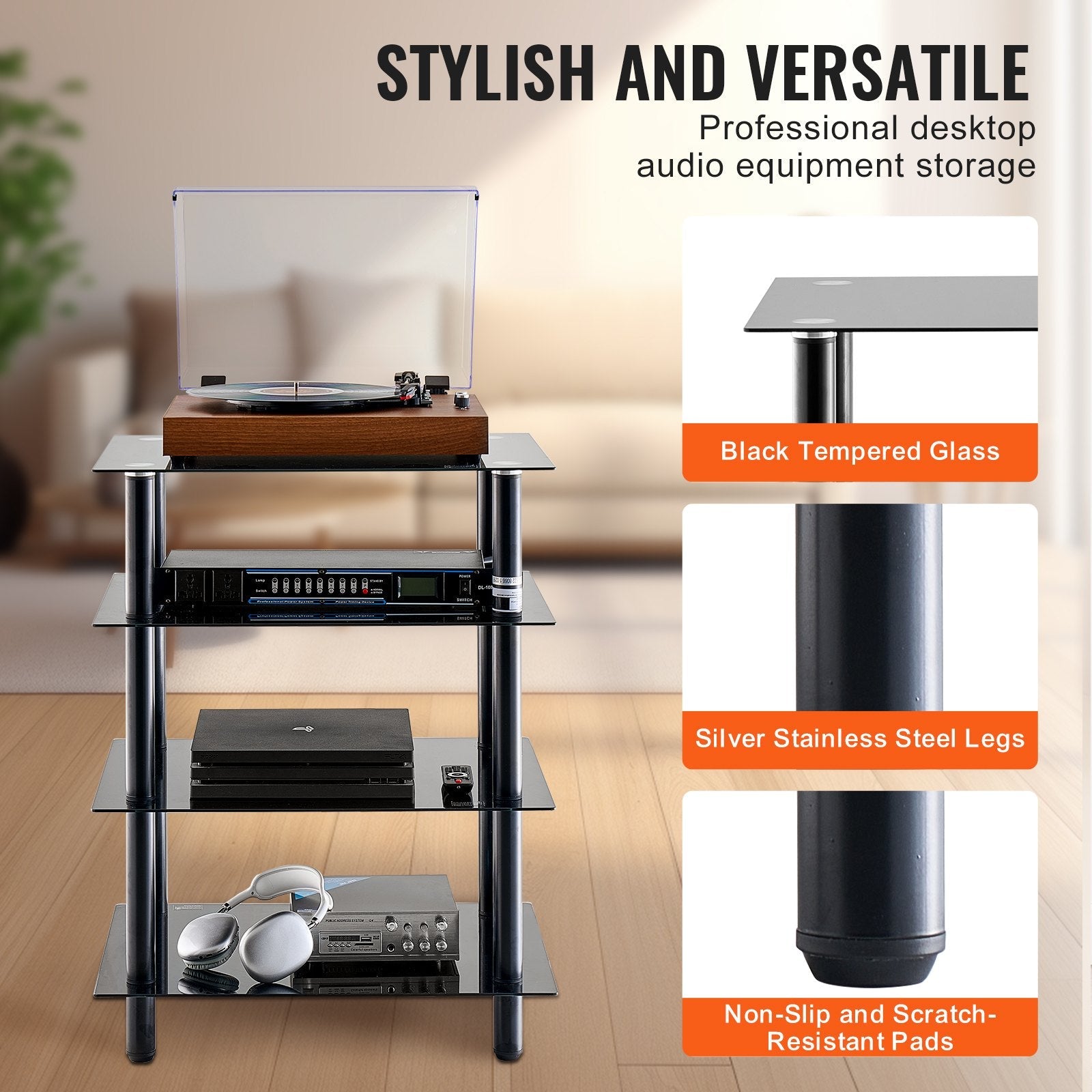 VEVOR 4-Tier AV Media Stand Strengthened Tempered Glass Audio-Video Media Stand 