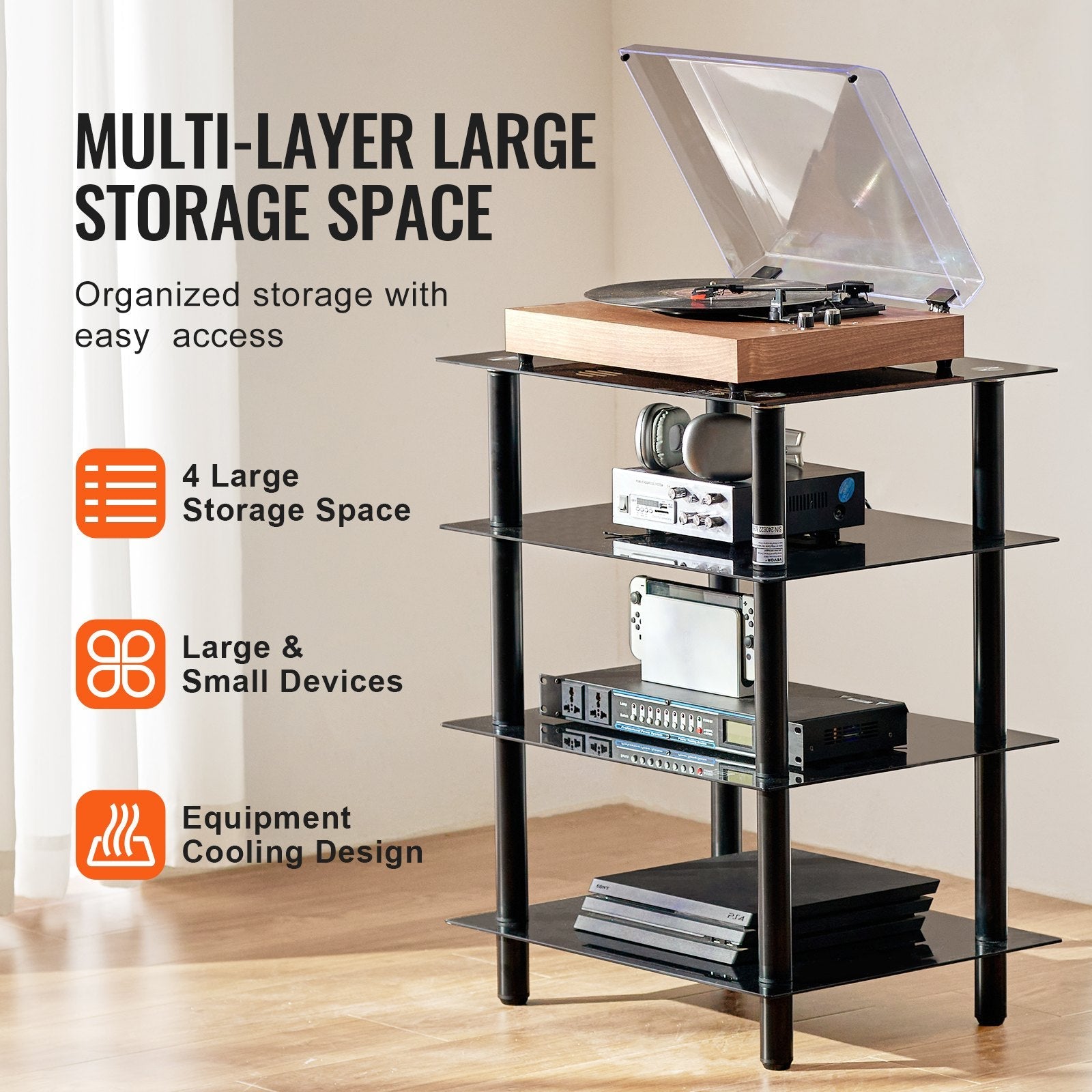VEVOR 4-Tier AV Media Stand Strengthened Tempered Glass Audio-Video Media Stand 