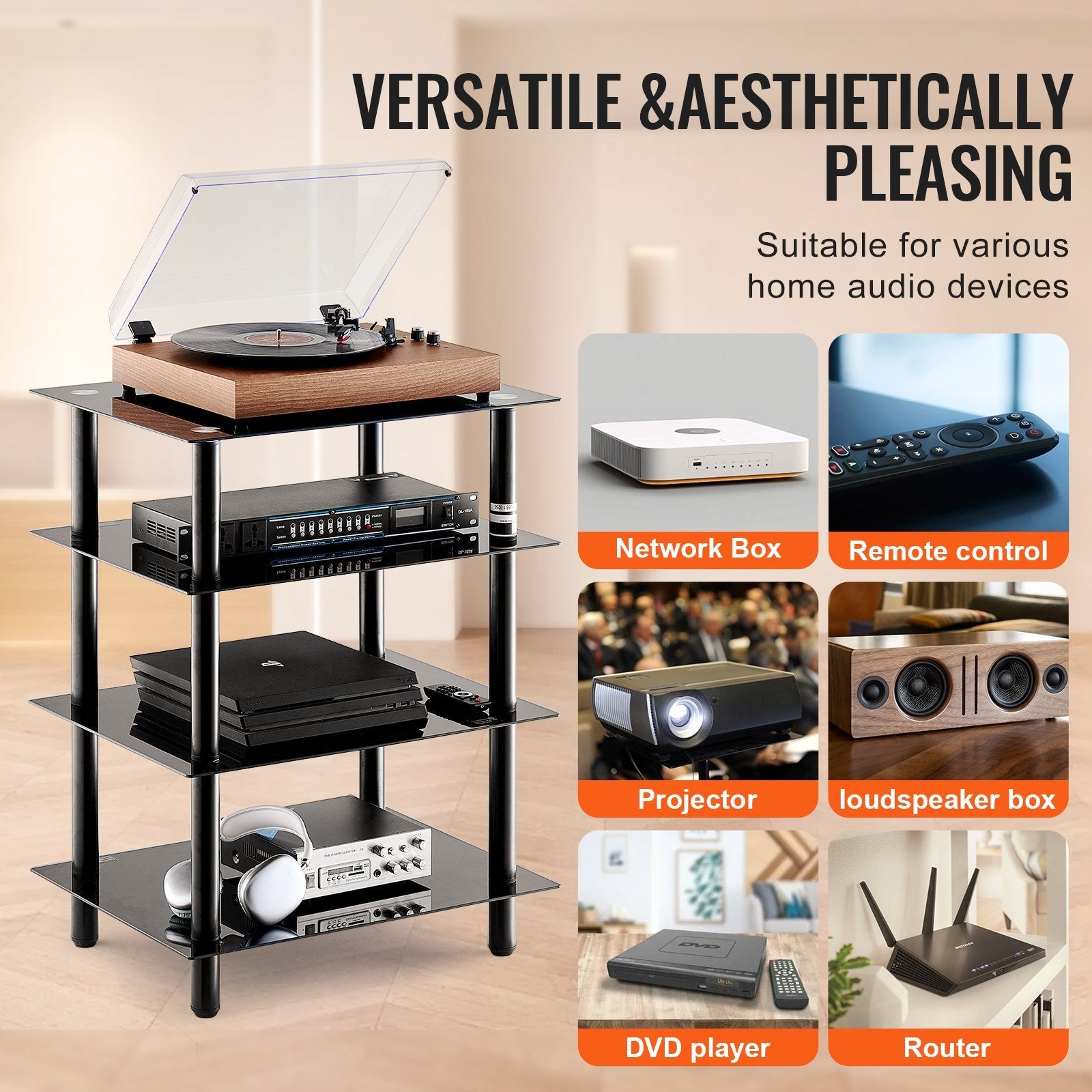 VEVOR 4-Tier AV Media Stand Strengthened Tempered Glass Audio-Video Media Stand 