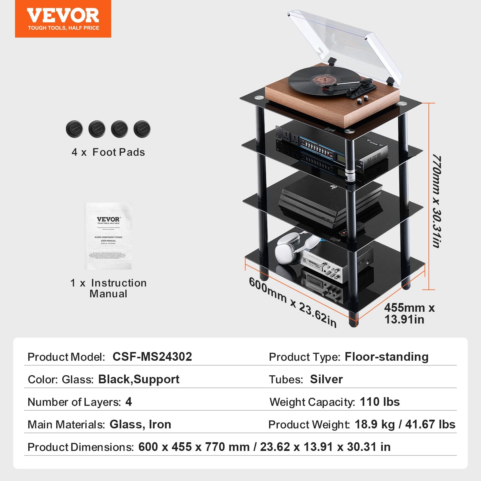VEVOR 4-Tier AV Media Stand Strengthened Tempered Glass Audio-Video Media Stand 
